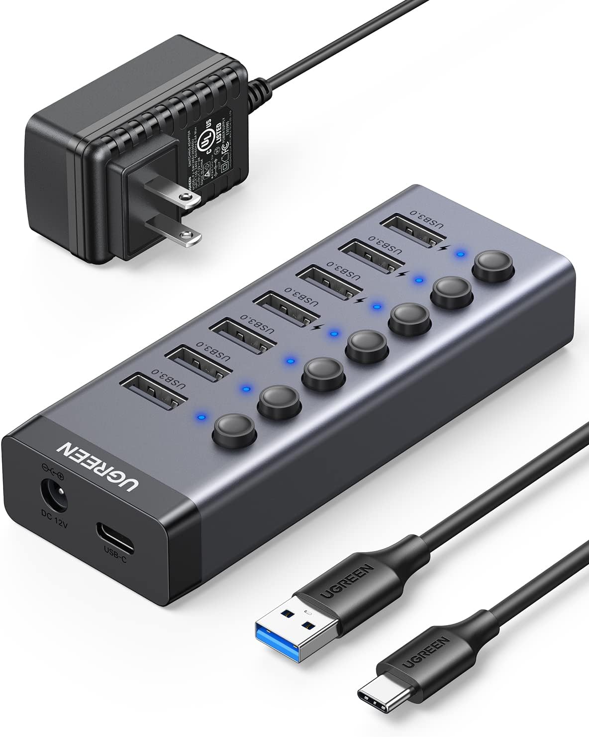 UGREEN USBハブ 7ポート 3.0 高速伝送 独立スイッチ付き アルミ製