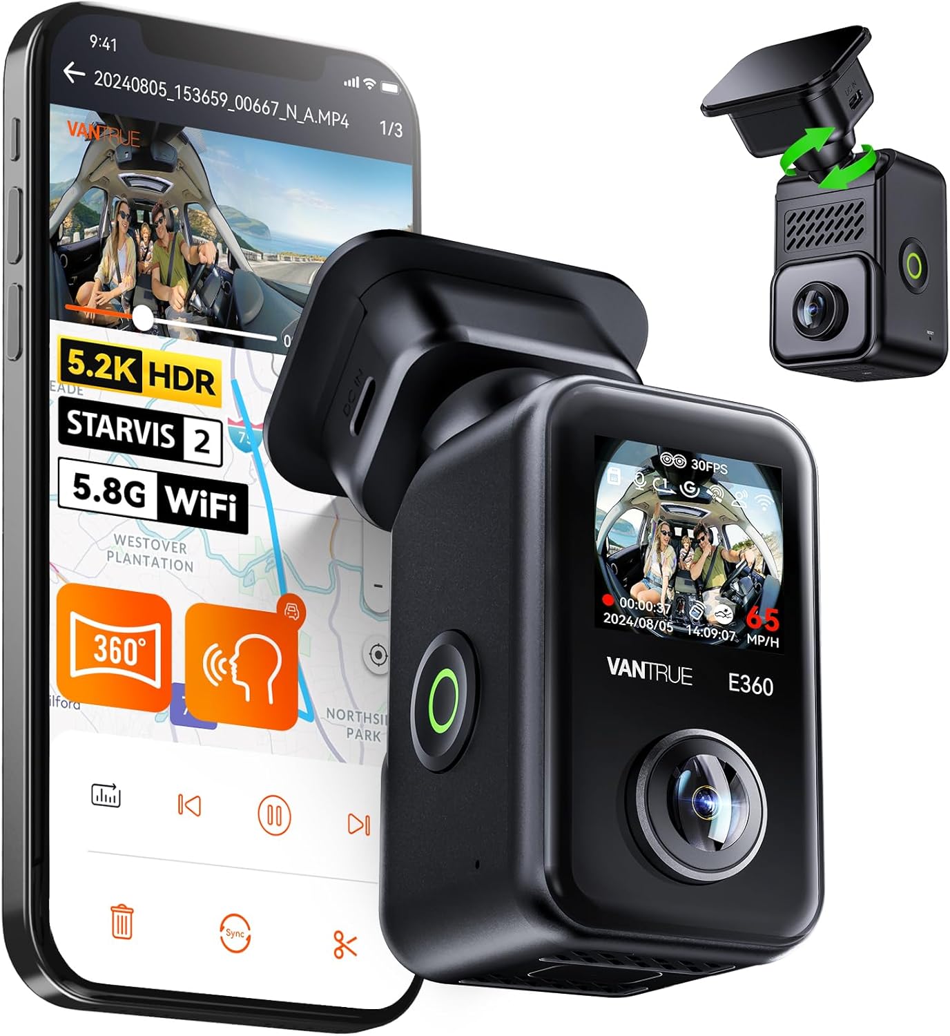 360度全周囲録画 ドライブレコーダー VANTRUE E360 5.2K WiFi搭載 GPS内蔵 日本語音声コマンド 24時間駐車監視
