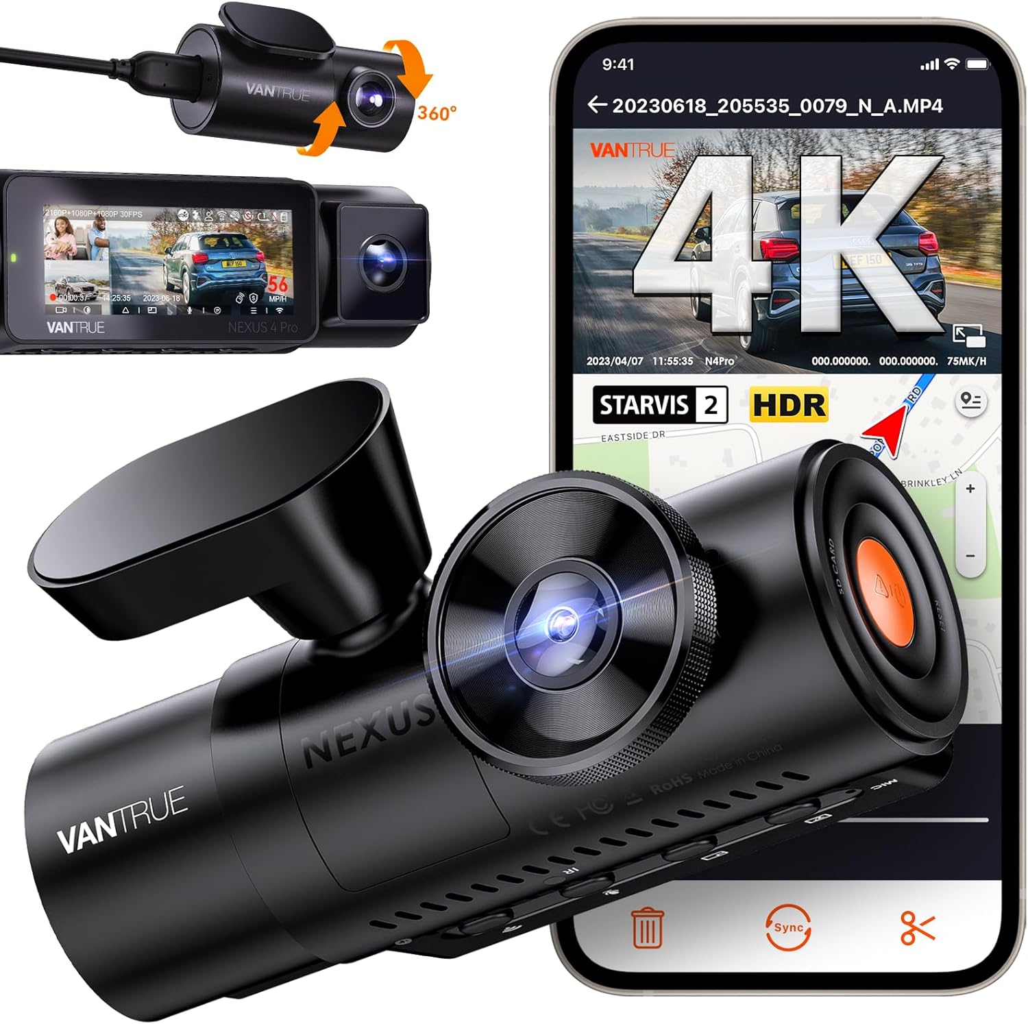 4K UHDドライブレコーダー VANTRUE N4 Pro 前後カメラ 800万画素 WiFi・GPS・24時間駐車監視・音声コマンド・超強暗視