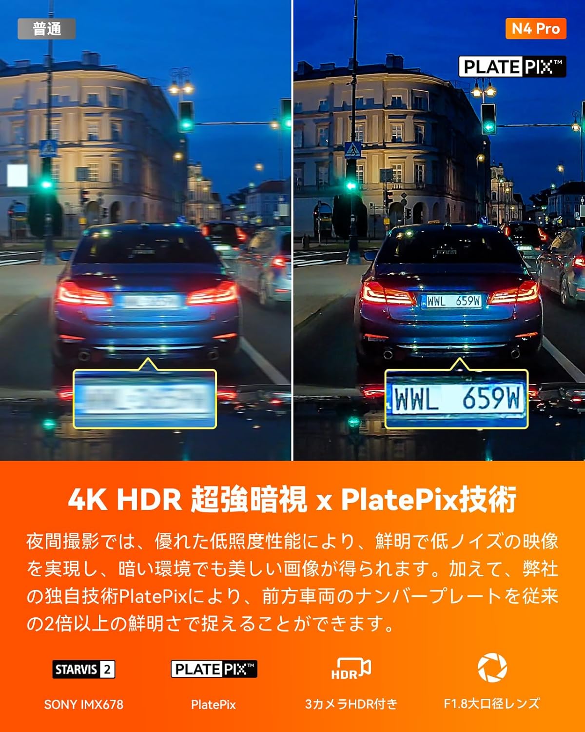 4K UHDドライブレコーダー VANTRUE N4 Pro 前後カメラ 800万画素 WiFi・GPS・24時間駐車監視・音声コマンド・超強暗視