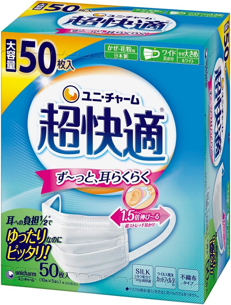 風邪・花粉用日本製プリーツ不織布マスク(やや大きめ、50枚入、99%ウイルス飛沫カット)