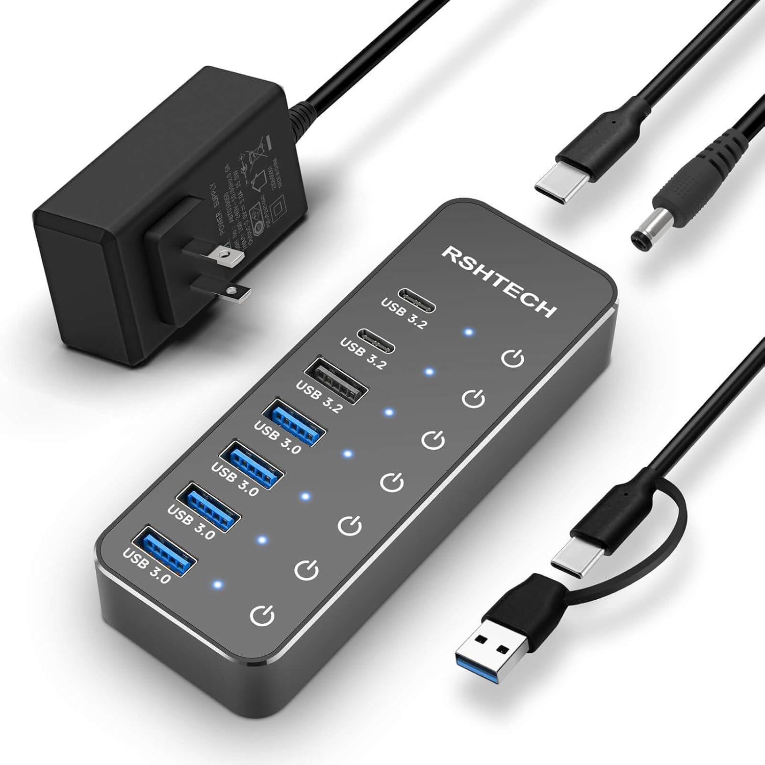 RSHTECH アルミ製 7ポート USBハブ 10Gbps セルフパワー・バスパワー両用 5V電源 独立スイッチ付き
