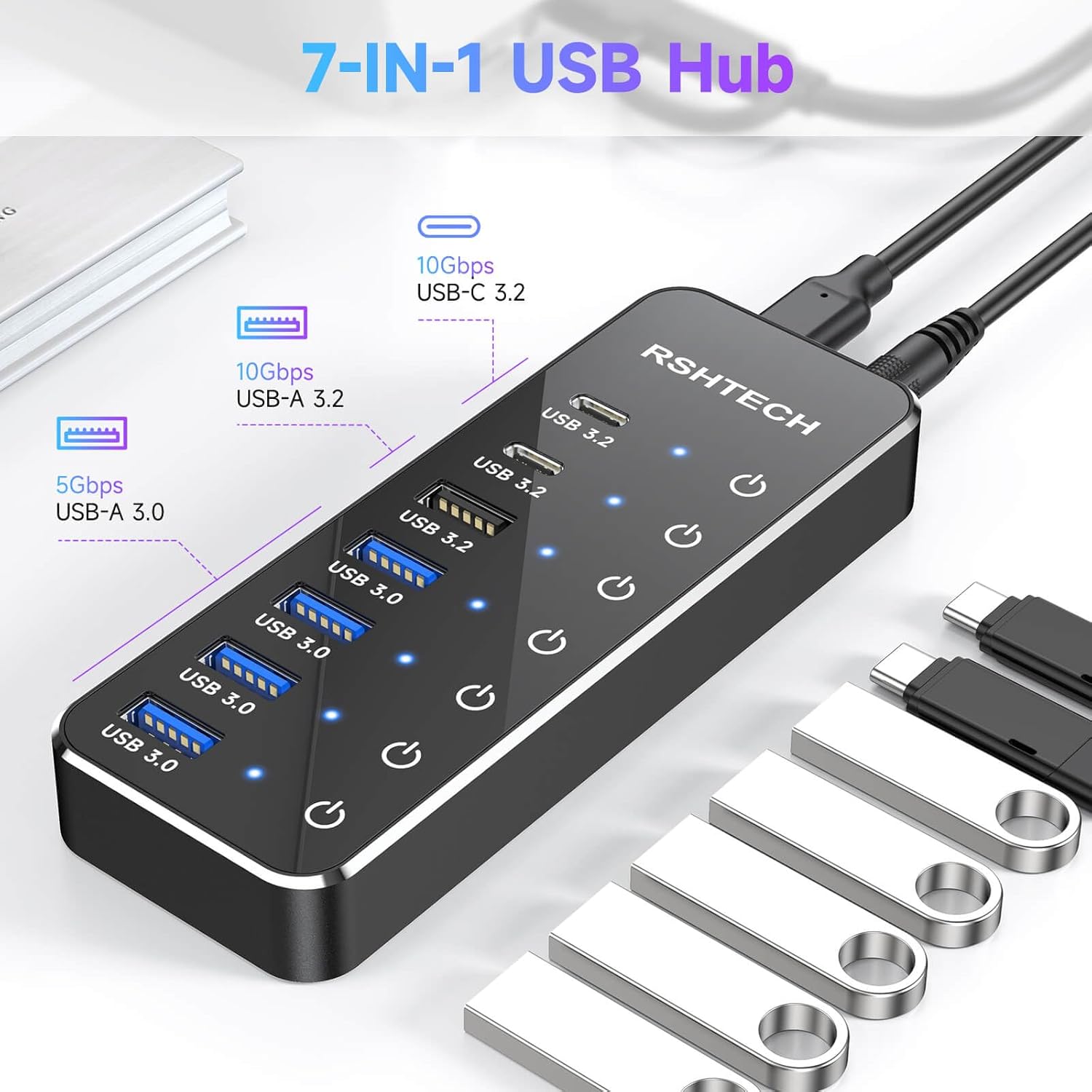 RSHTECH アルミ製 7ポート USBハブ 10Gbps セルフパワー・バスパワー両用 5V電源 独立スイッチ付き