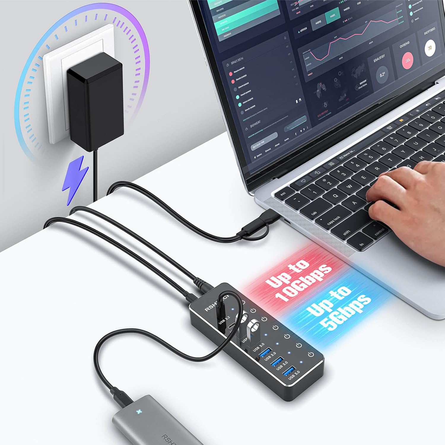 RSHTECH アルミ製 7ポート USBハブ 10Gbps セルフパワー・バスパワー両用 5V電源 独立スイッチ付き