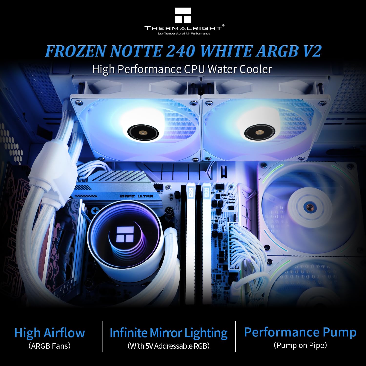 水冷CPUクーラー Thermalright Frozen Notte 240 ホワイト ARGB V2 – AMD/Intel対応、ダブルPWMファン付き