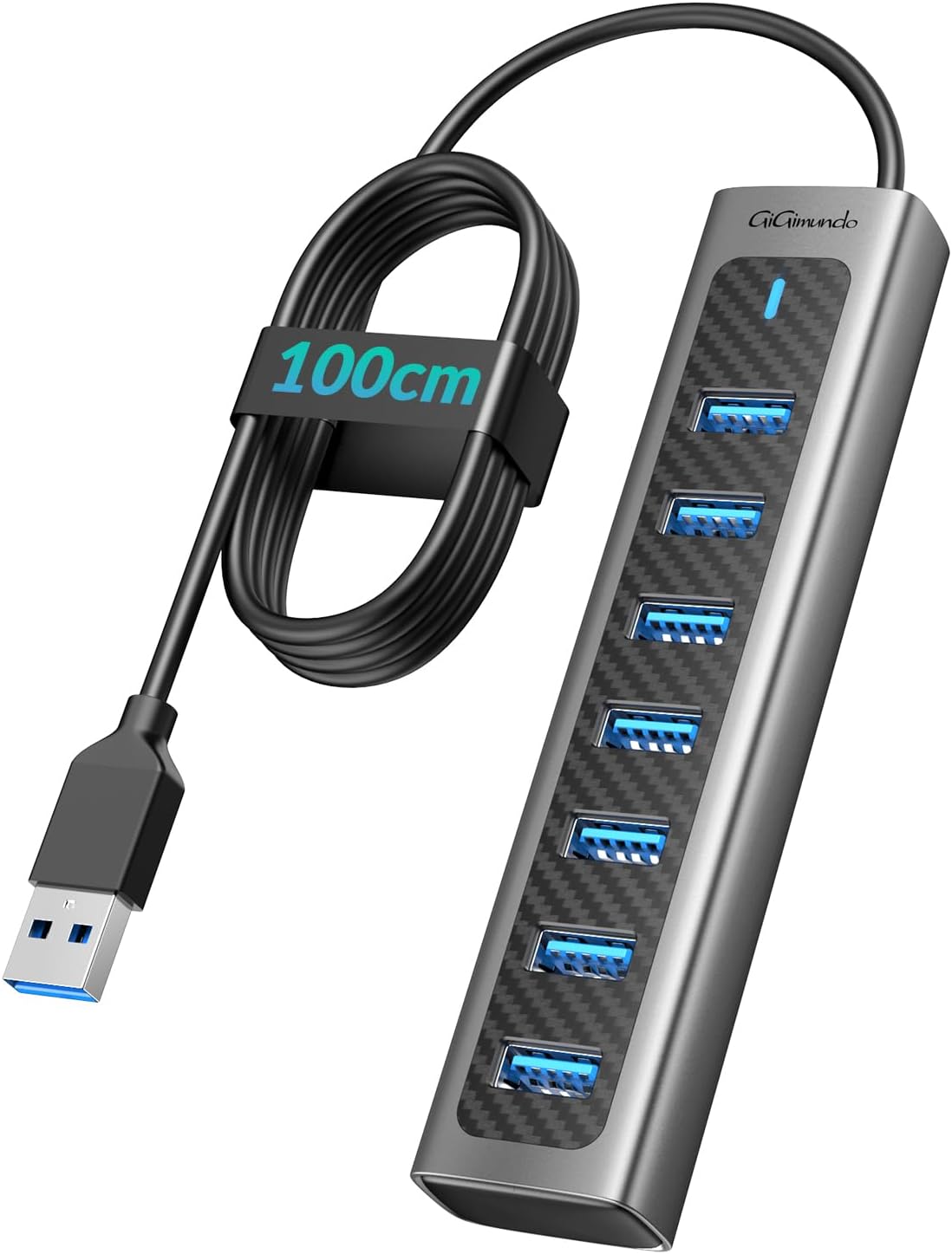 GiGimundo 7ポートUSB3.0ハブ 1Mロングケーブル 軽量 高速データ転送 追加5V/3A電源供給