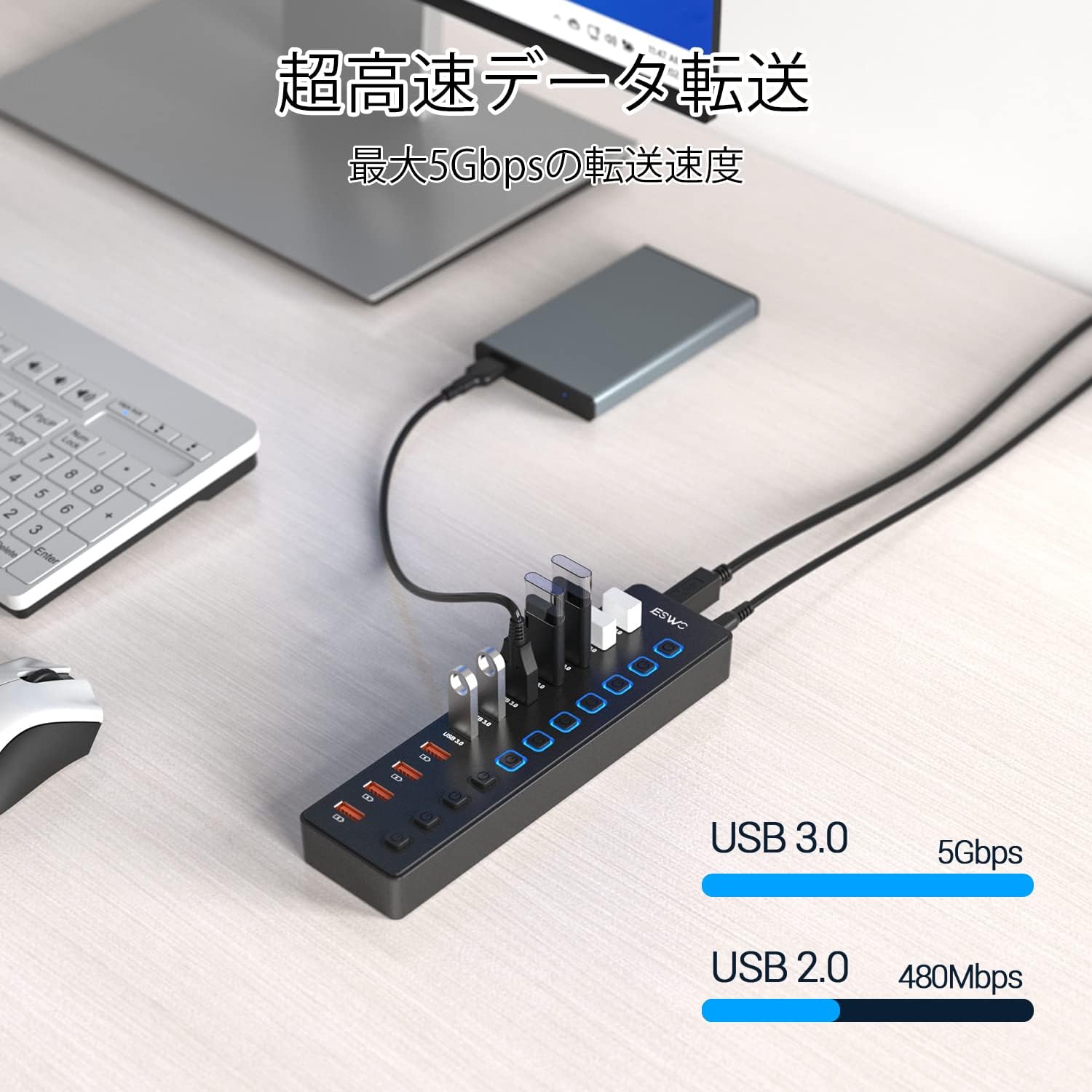 USBハブ JESWO USB3.0 11ポート 電源付き 5Gbps高速伝送対応 セルフパワー/バスパワー 充電ポート4つ付き
