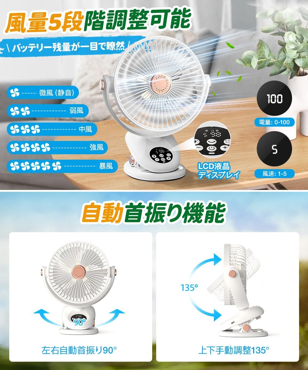 自動首振り・タイマー付きUSB充電式卓上扇風機（16.5cm・静音・アロマ対応・リモコン付き）
