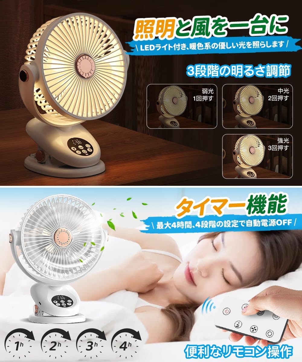 自動首振り・タイマー付きUSB充電式卓上扇風機（16.5cm・静音・アロマ対応・リモコン付き）