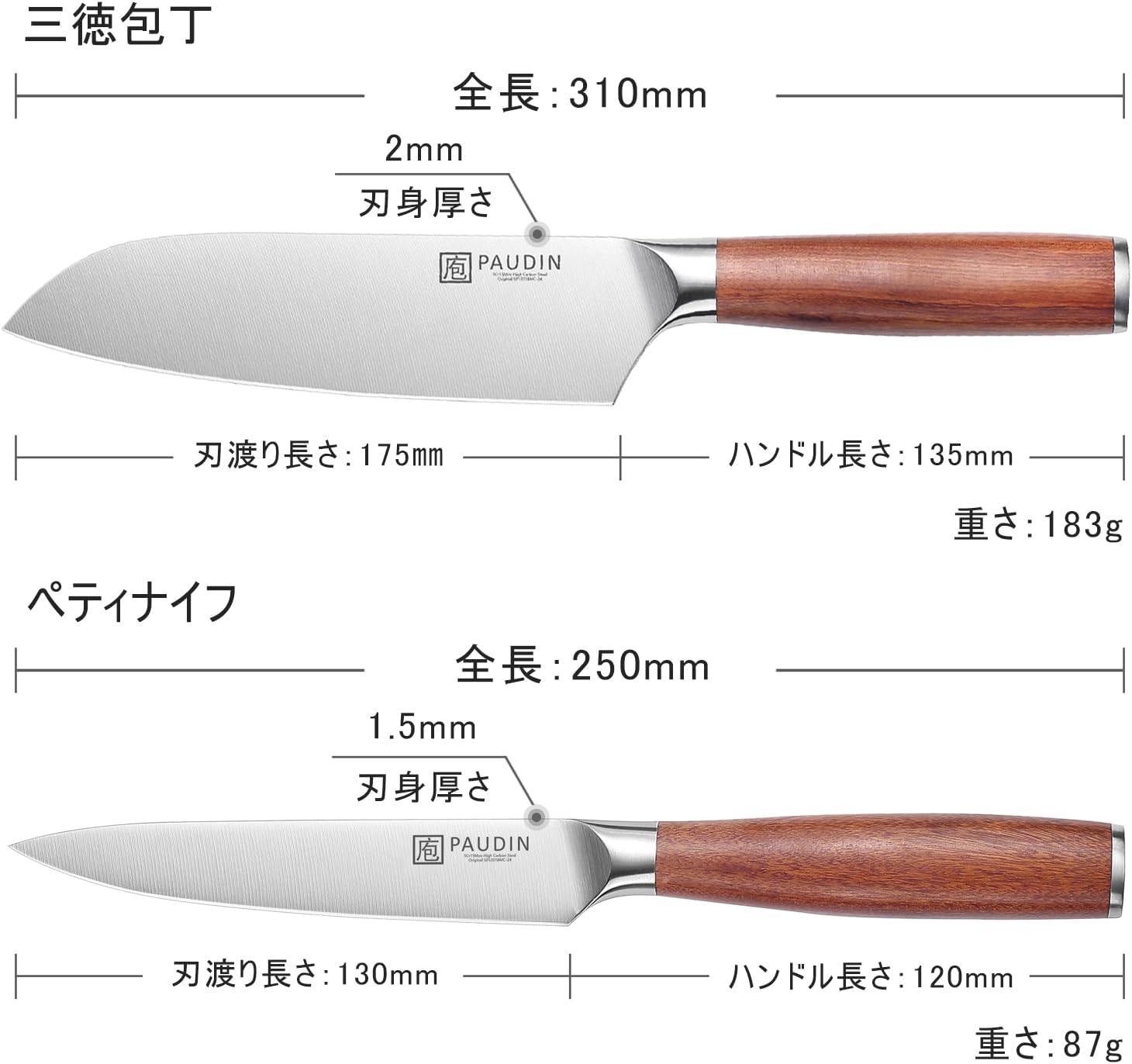 父の日に最適な天然木ハンドルのステンレス製包丁セット【三徳包丁・ペティナイフ】