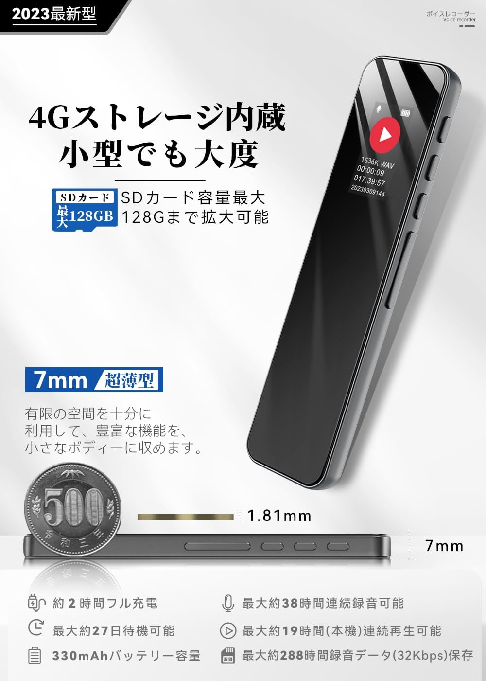 【会議録音用】ボイスレコーダー 36GB大容量・1536Kbps音質・超薄型 38時間連続録音・ノイズキャンセリング機能・多機能 MP3プレーヤー・Android&iPhone対応