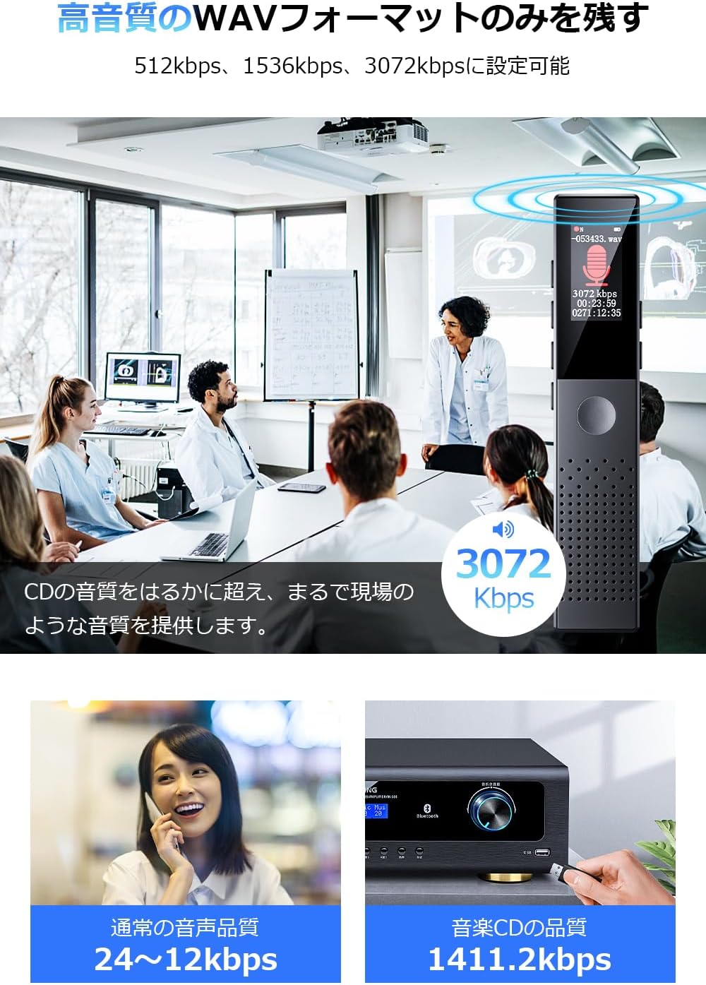 64GB大容量小型ボイスレコーダー Bluetooth5.2搭載・ENCデュアルマイク・長時間録音対応