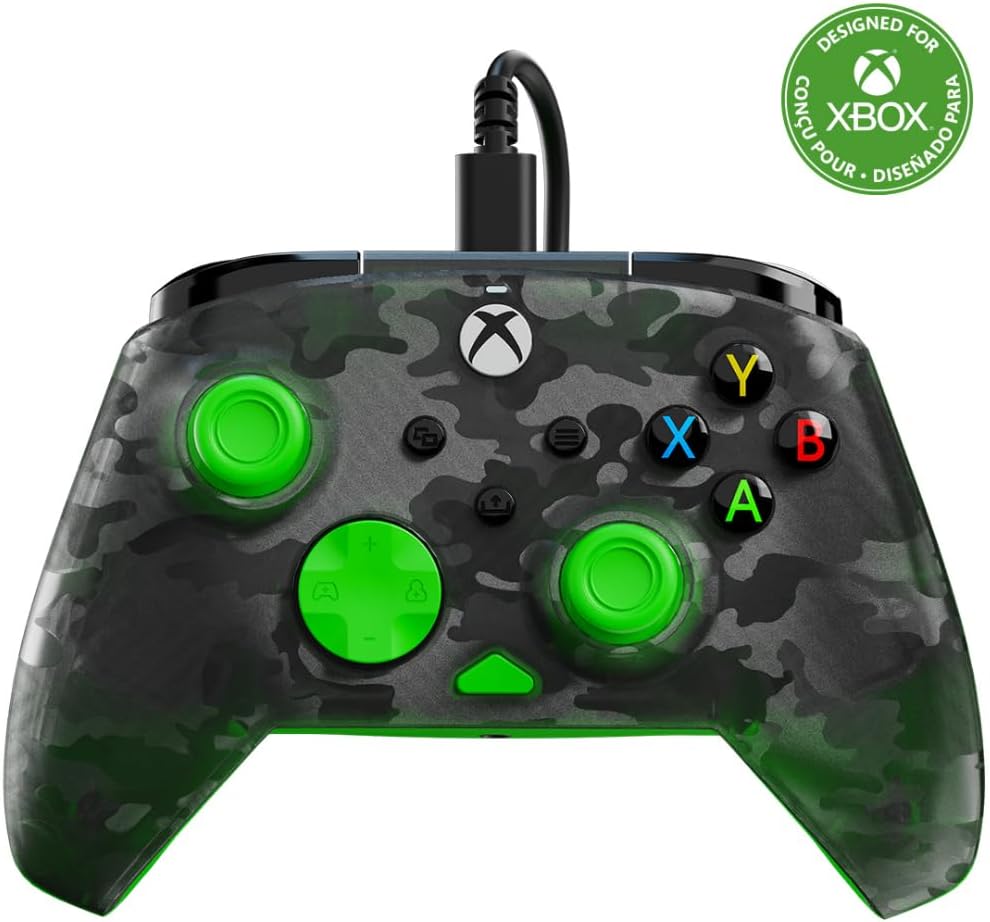 Xbox対応有線コントローラー「Rematch Core」ゴーストカモブラック＆グリーン【人間工学設計・2年保証】