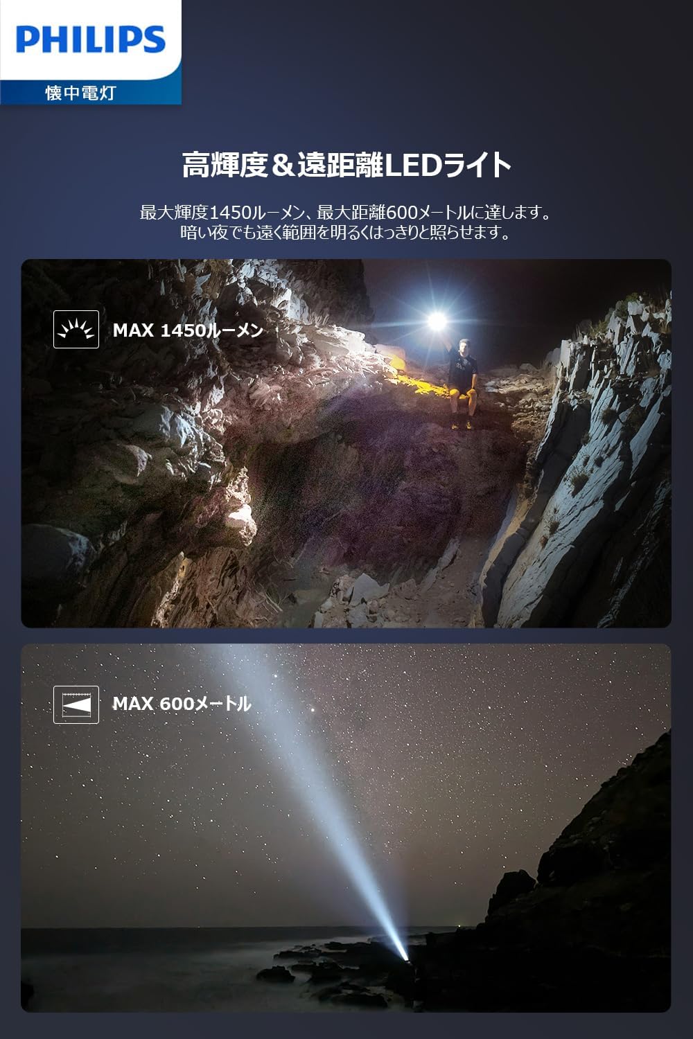 フィリップス 小型LED懐中電灯 1450ルーメン タイプC充電式 防水アルミ合金製 アウトドア用 SFL2101