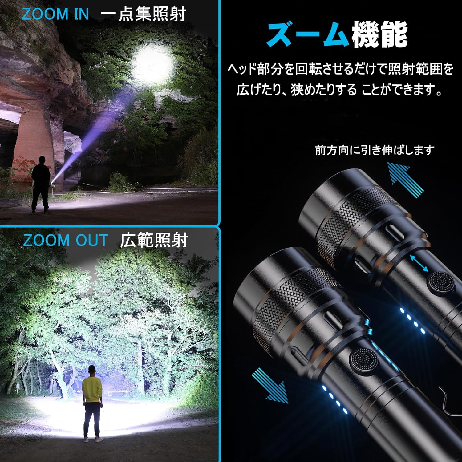 強力防水LED懐中電灯・ハンディライト・小型・Type-C充電式・アウトドア・キャンプ用