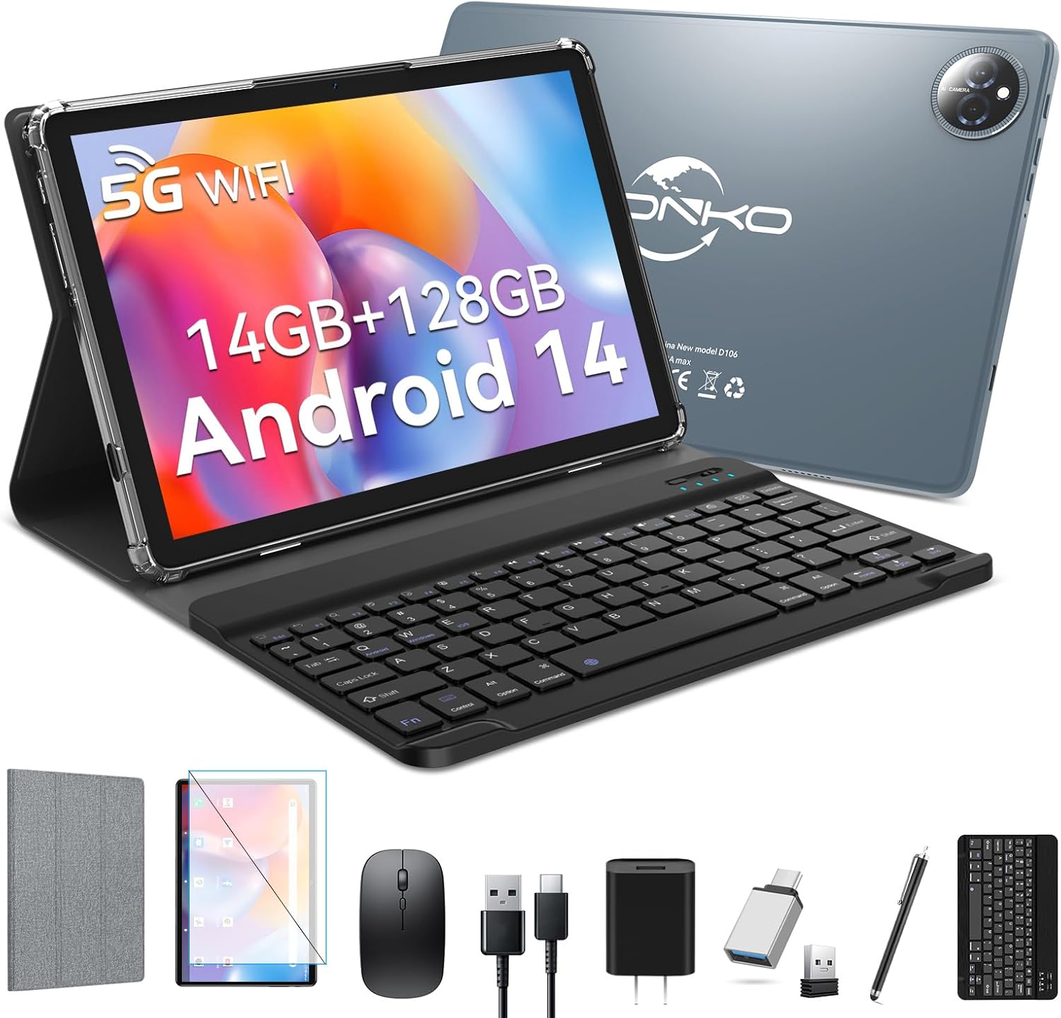 2025年版 10インチAndroid14タブレット - 14GB+128GB、2TB拡張可能、4G通話、8000mAhバッテリー、オンライン授業向け