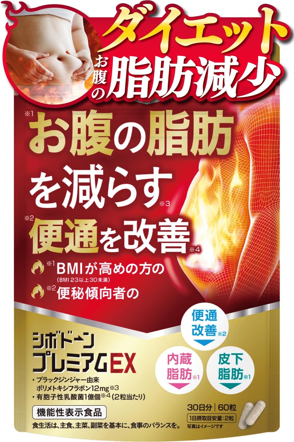 内臓脂肪・皮下脂肪対策サプリメント ブラックジンジャー配合 60粒(約30日分)