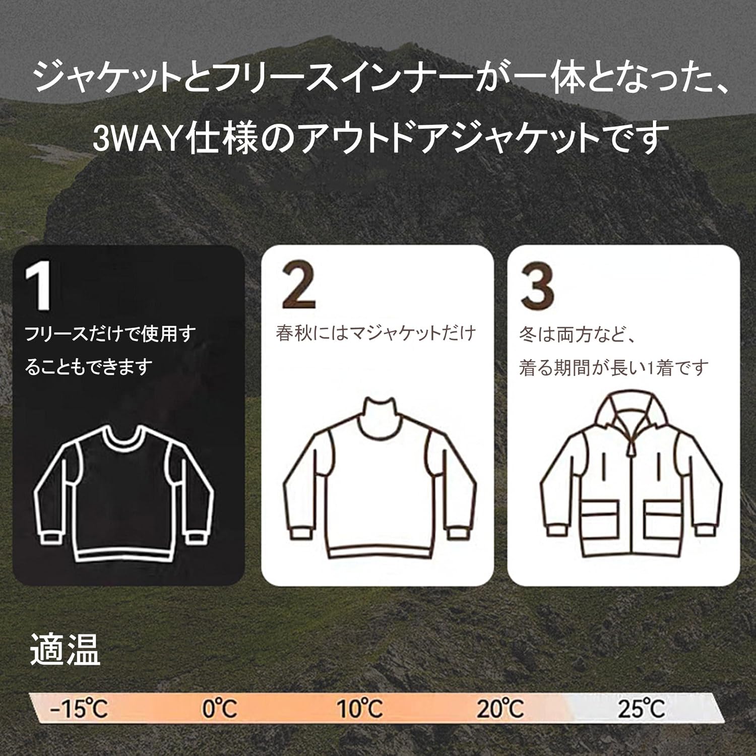 防水スキーシェルジャケット 3wayフリース付 マウンテンパーカー