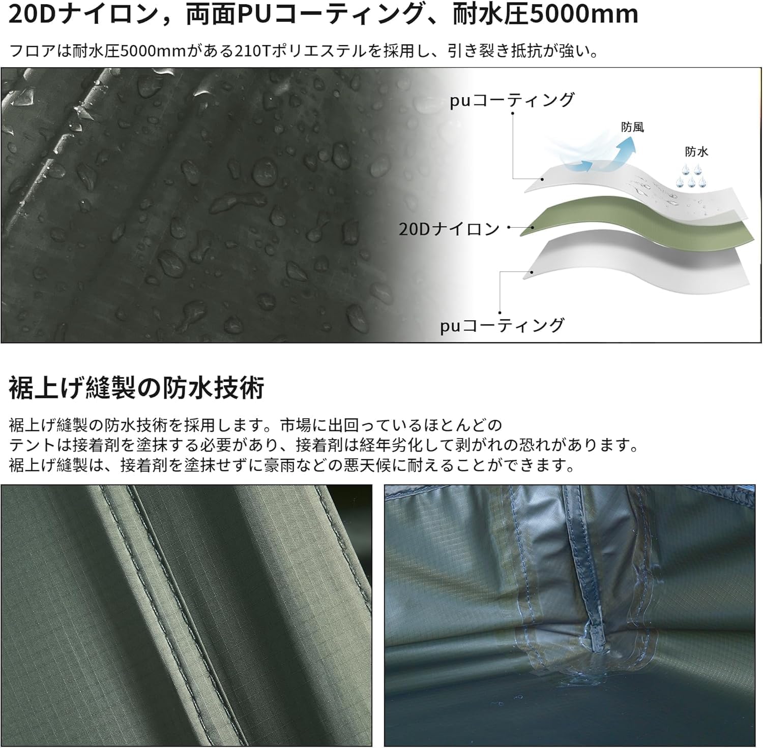 軽量コンパクト登山テント 1-2人用 20Dナイロン 防水耐風 3シーズン用 ピラミッド式