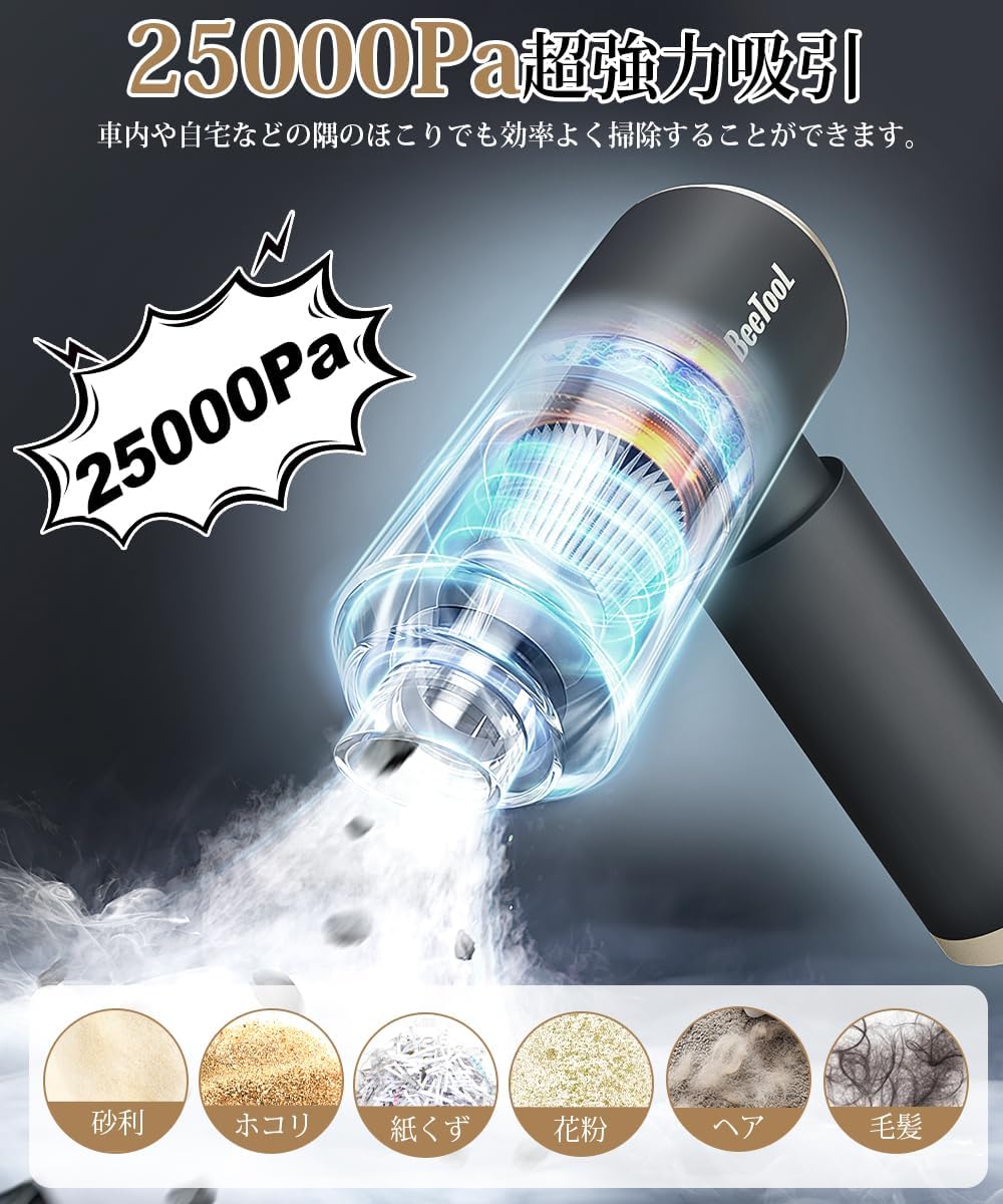コードレス ハンディクリーナー 車用掃除機 25000Pa 強力吸引力 乾湿両用 USB充電式 超軽量 0.36kg