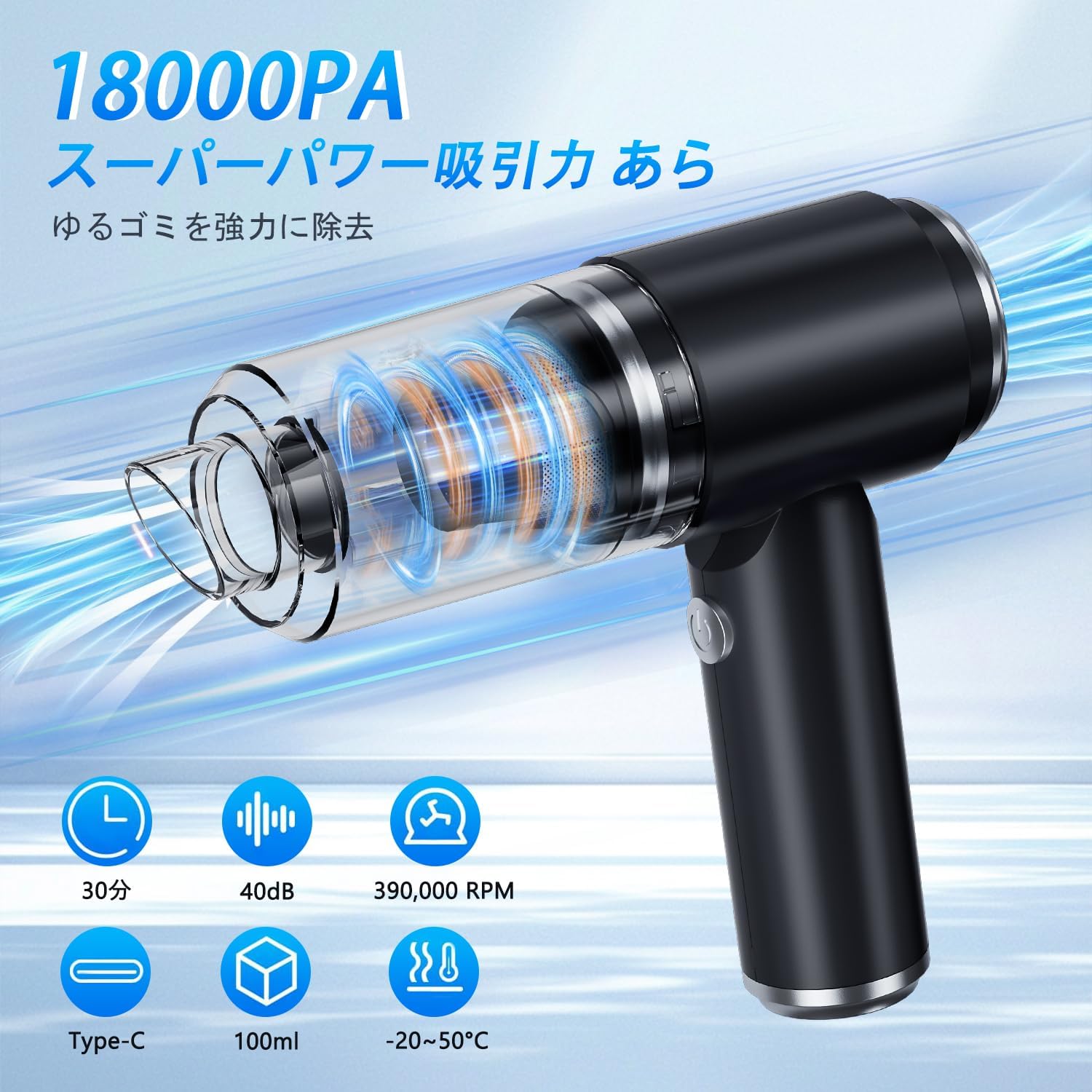 コードレスハンディクリーナー 車用・家庭用 18000PA吸引力 4in1エアーポンプ機能付き ブラック