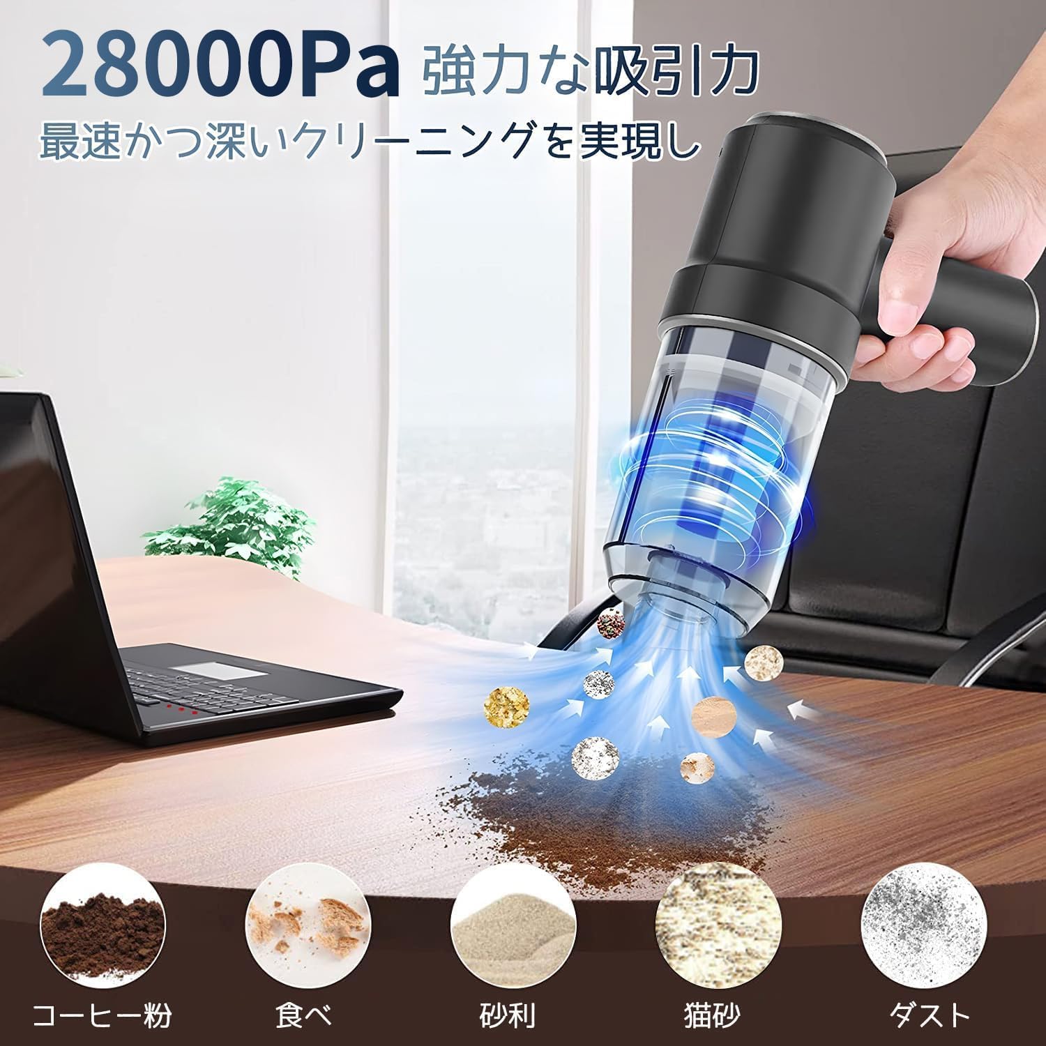 2025年モデル 車用ハンディクリーナー 28000PA Type-C充電式 コードレス 乾湿両用 軽量LED照明付き