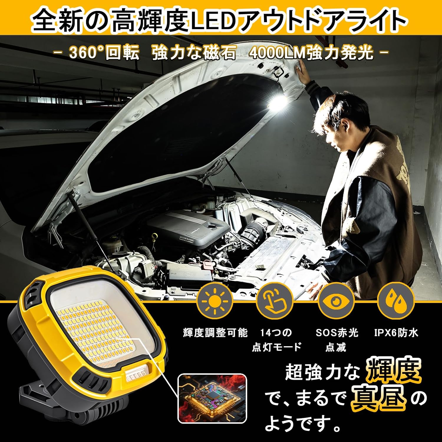 【防災対策】AUTOXBERT 充電式LED投光器 4200LM IPX6防水 折り畳み式アウトドア用