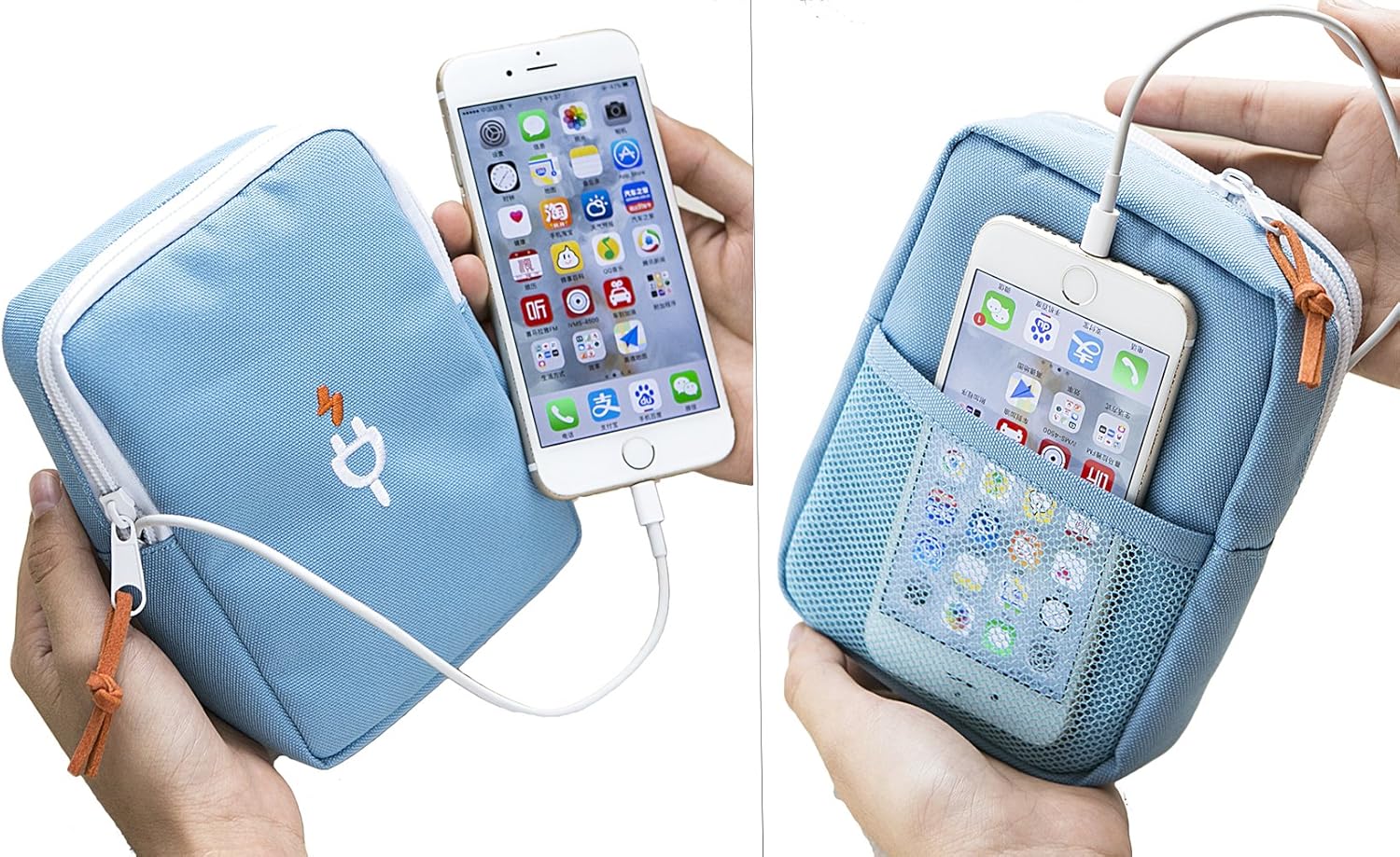 デジタル機器収納ポーチ モバイルバッテリー・アクセサリー用 7色選択可 (ブルー)