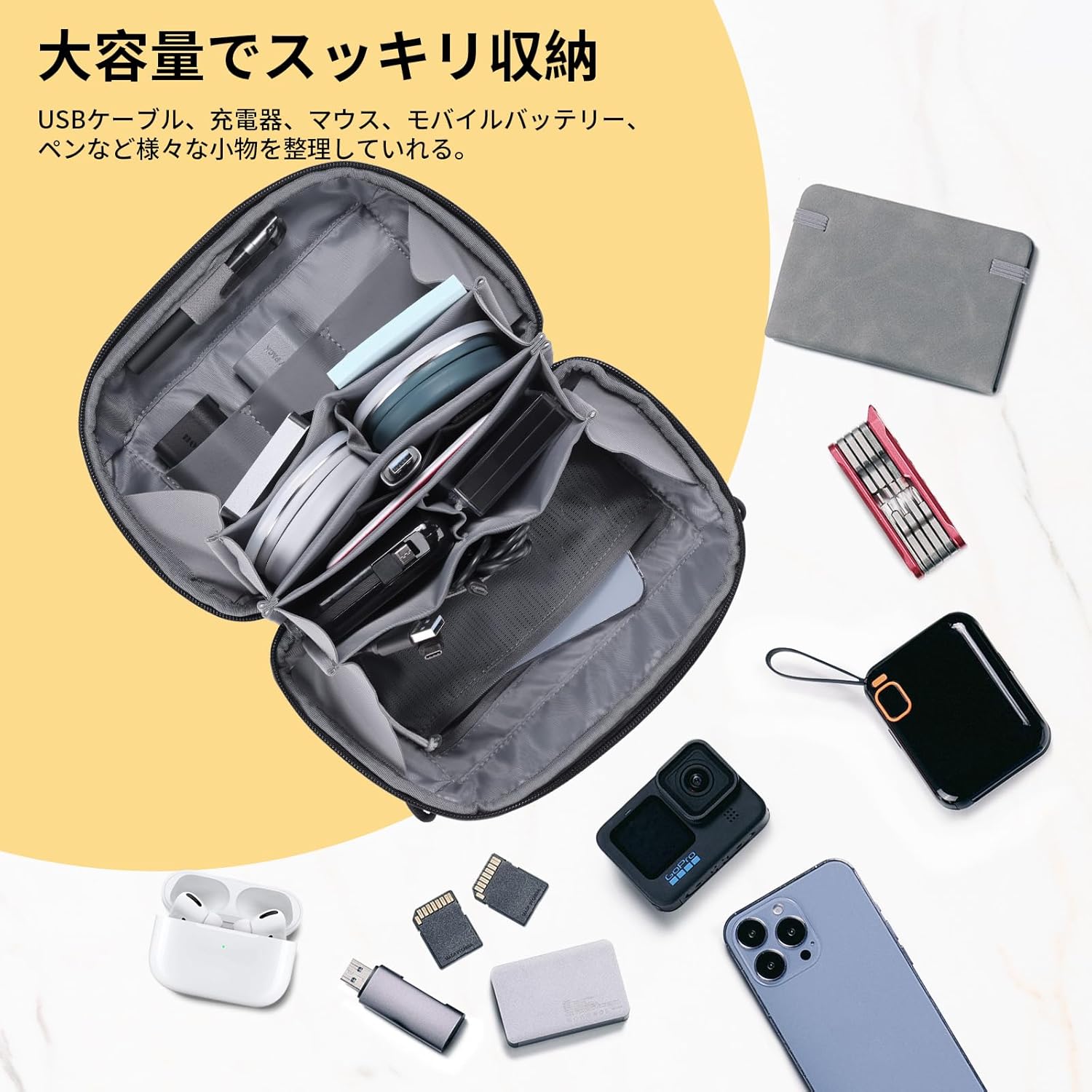 デジタル収納ポーチ 多機能 5層設計 撥水加工 軽量 カメラアクセサリー・小物用 180°開口 2L