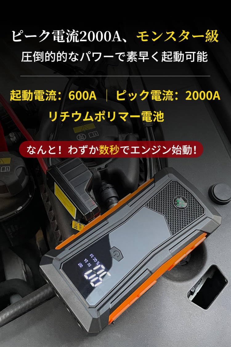 12V車用ジャンプスターター 2000Aピーク電流 モバイルバッテリー機能搭載 緊急ライト・安全機能付き (16000mAh)