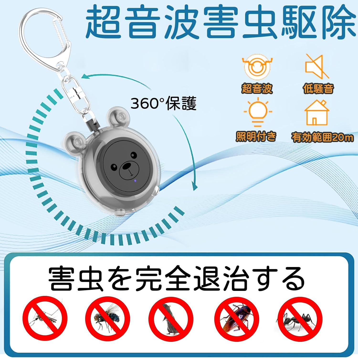 超音波害虫駆除器 充電式 LEDランプ付き 20m有効範囲 無臭無毒 アウトドア対応 (ブラック)
