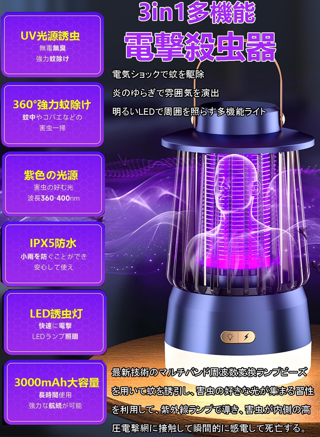 2025年夏新モデル 電撃殺虫器 USB充電式 静音 省エネ 3000mAh ブラックグレー