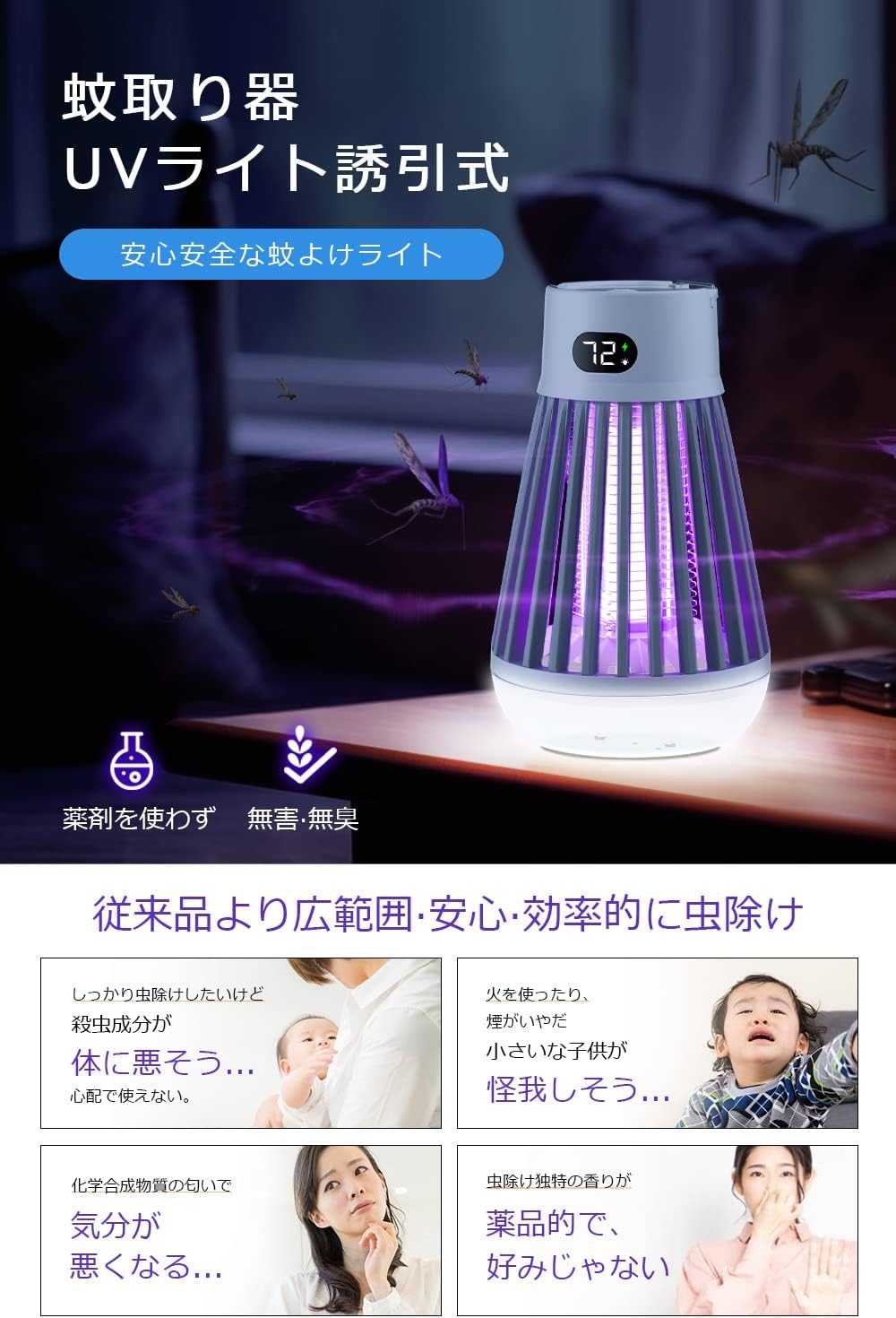 USB充電式電撃殺虫器 2000mAh大容量 LED誘虫灯 薬剤不要 蚊取りライト 室内用