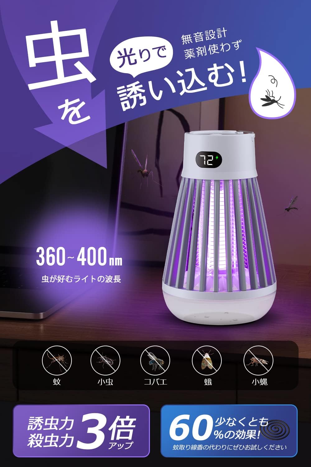 USB充電式電撃殺虫器 2000mAh大容量 LED誘虫灯 薬剤不要 蚊取りライト 室内用