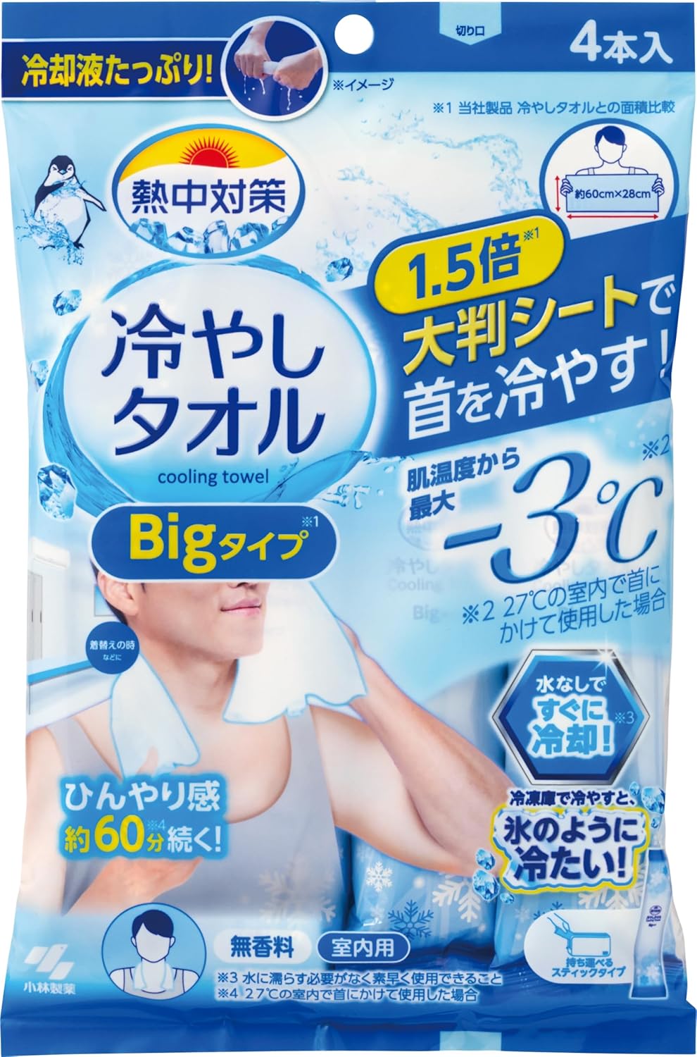 冷却タオルBig 60×28cm 無香料 使い切りタイプ 4本入り