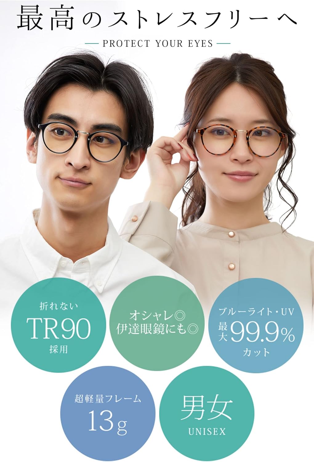 ブルーライトカットPCメガネ（ボストンタイプ）セット - JIS検査済み、UV420対応、男女兼用