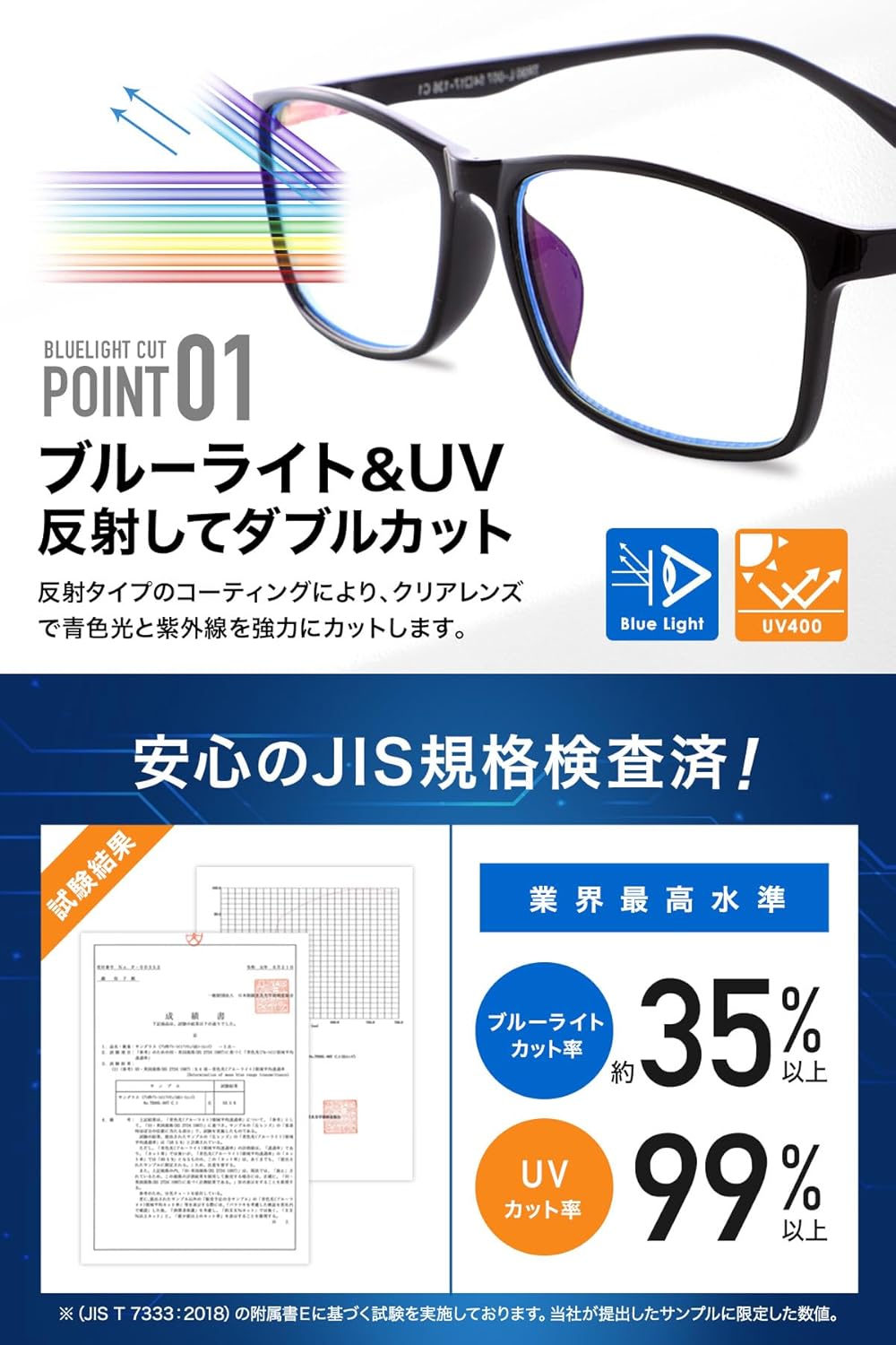 ブルーライトカット軽量PCメガネ UVカット ウェリントン ブラック