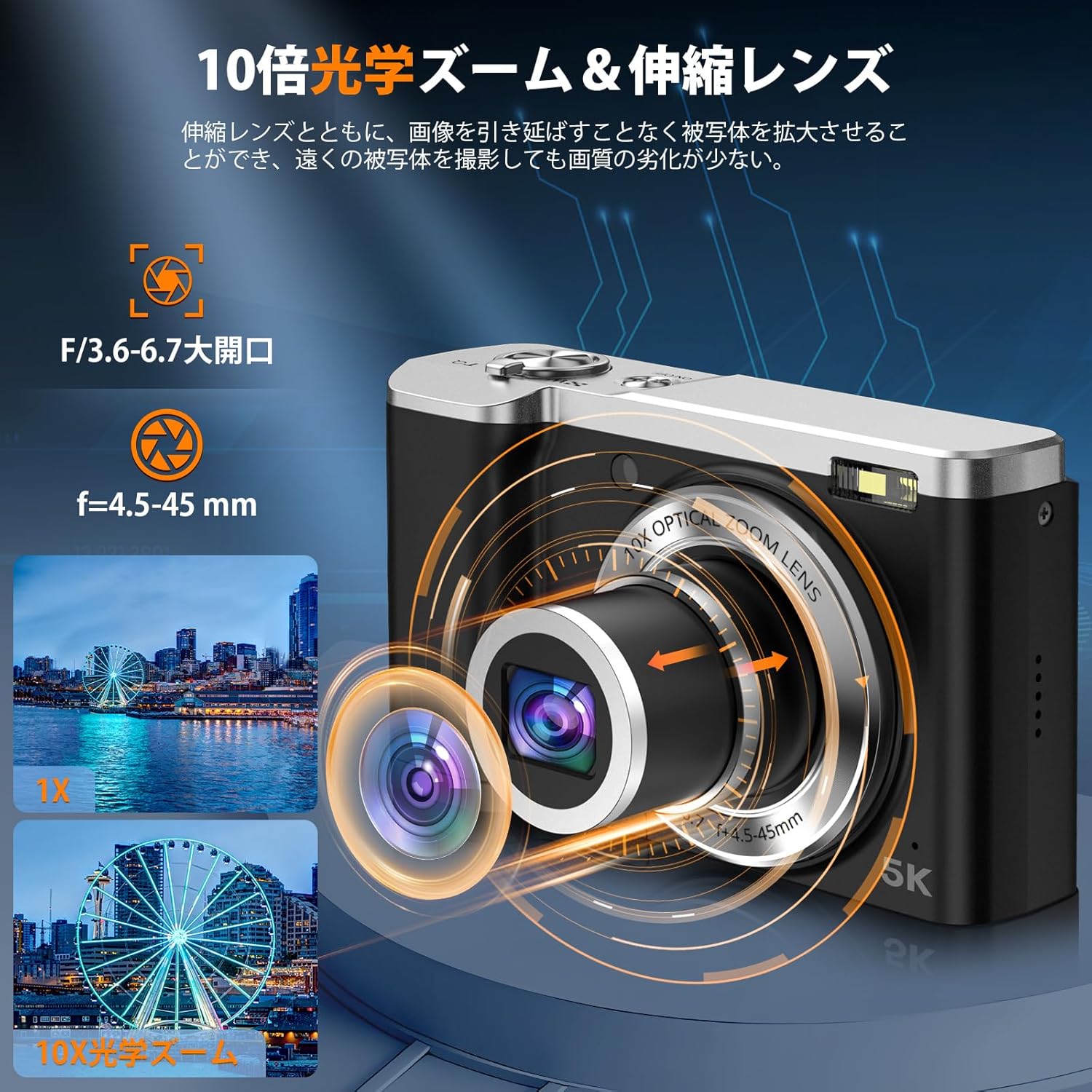 5600万画素 5Kデジタルカメラ デュアルレンズ・光学10倍ズーム・64GBマイクロSD付き
