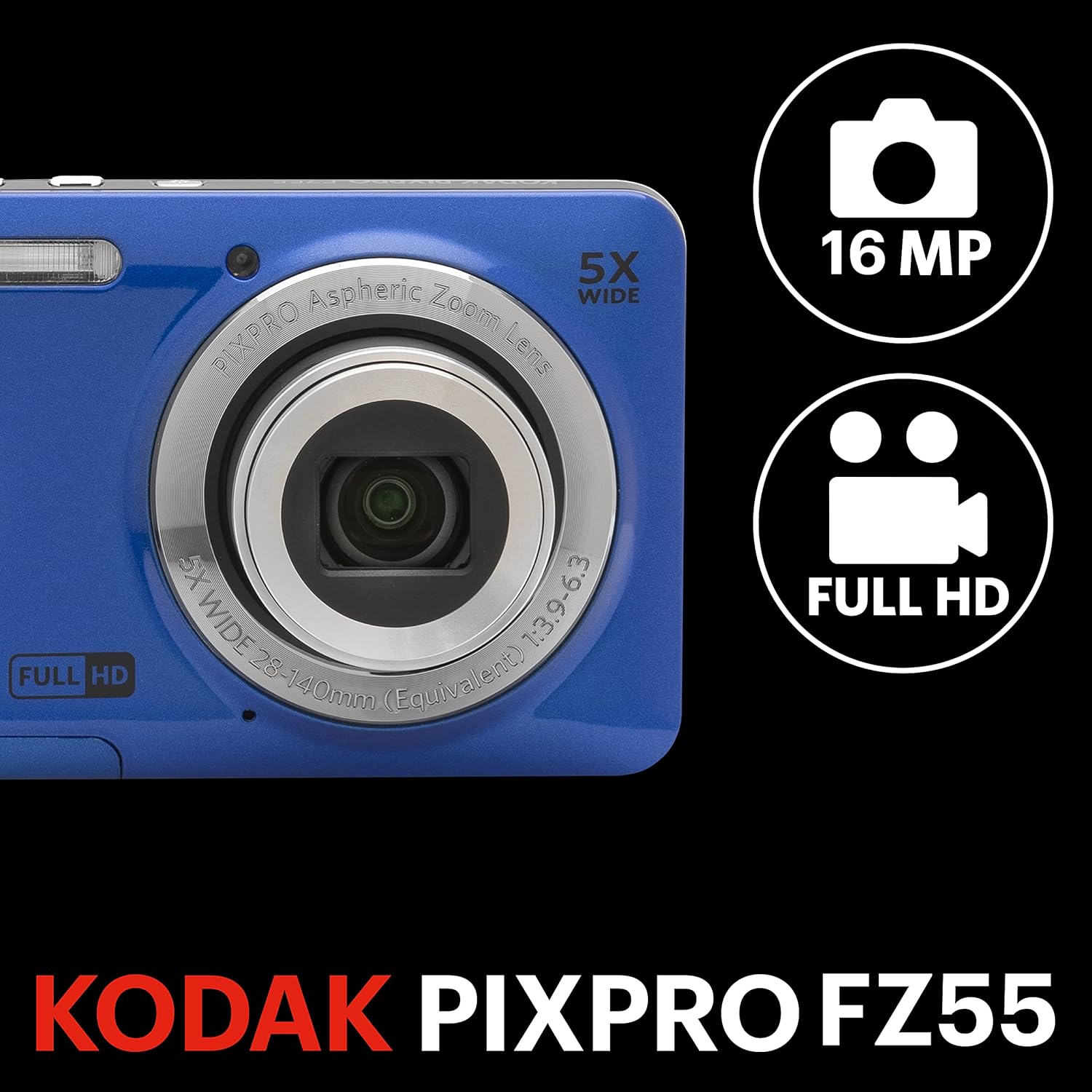 使いやすい16MPデジタルカメラ KODAK PIXPRO FZ55-BL 光学5倍ズーム ブルー