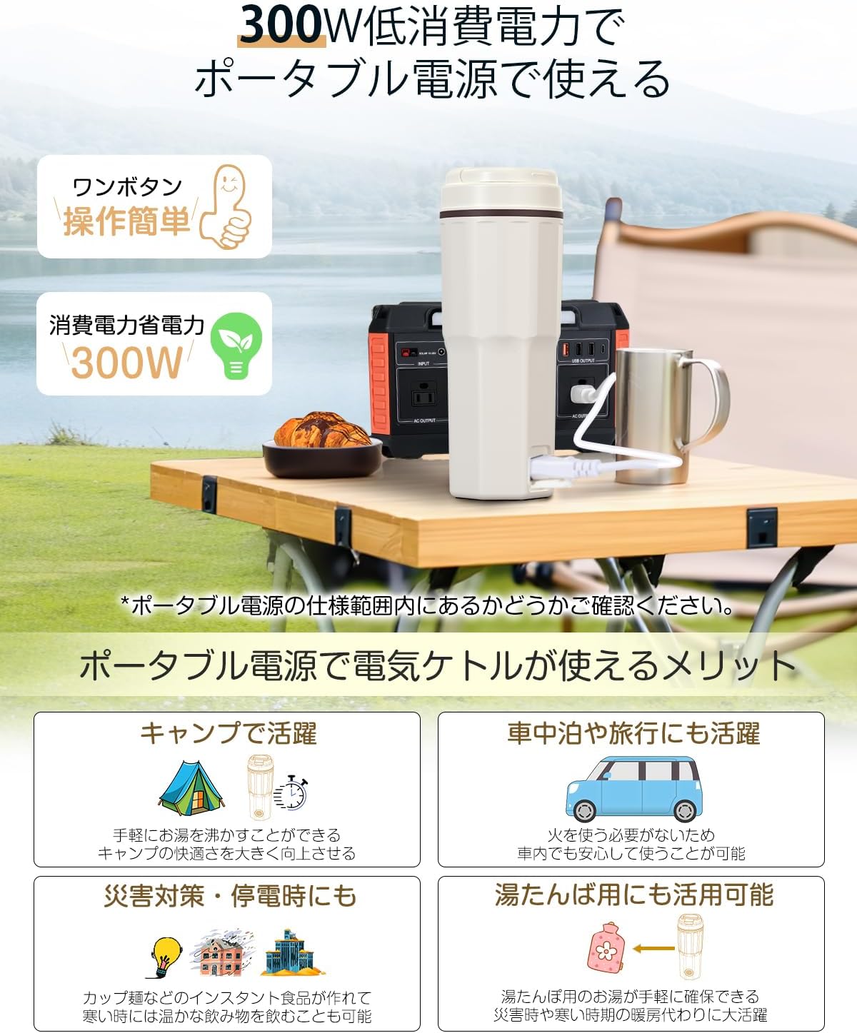 ポータブル電気ケトル 400ml 低消費電力 ステンレス製 二重構造 一人暮らし用 ギフト 日本語説明書付き (ベージュ)