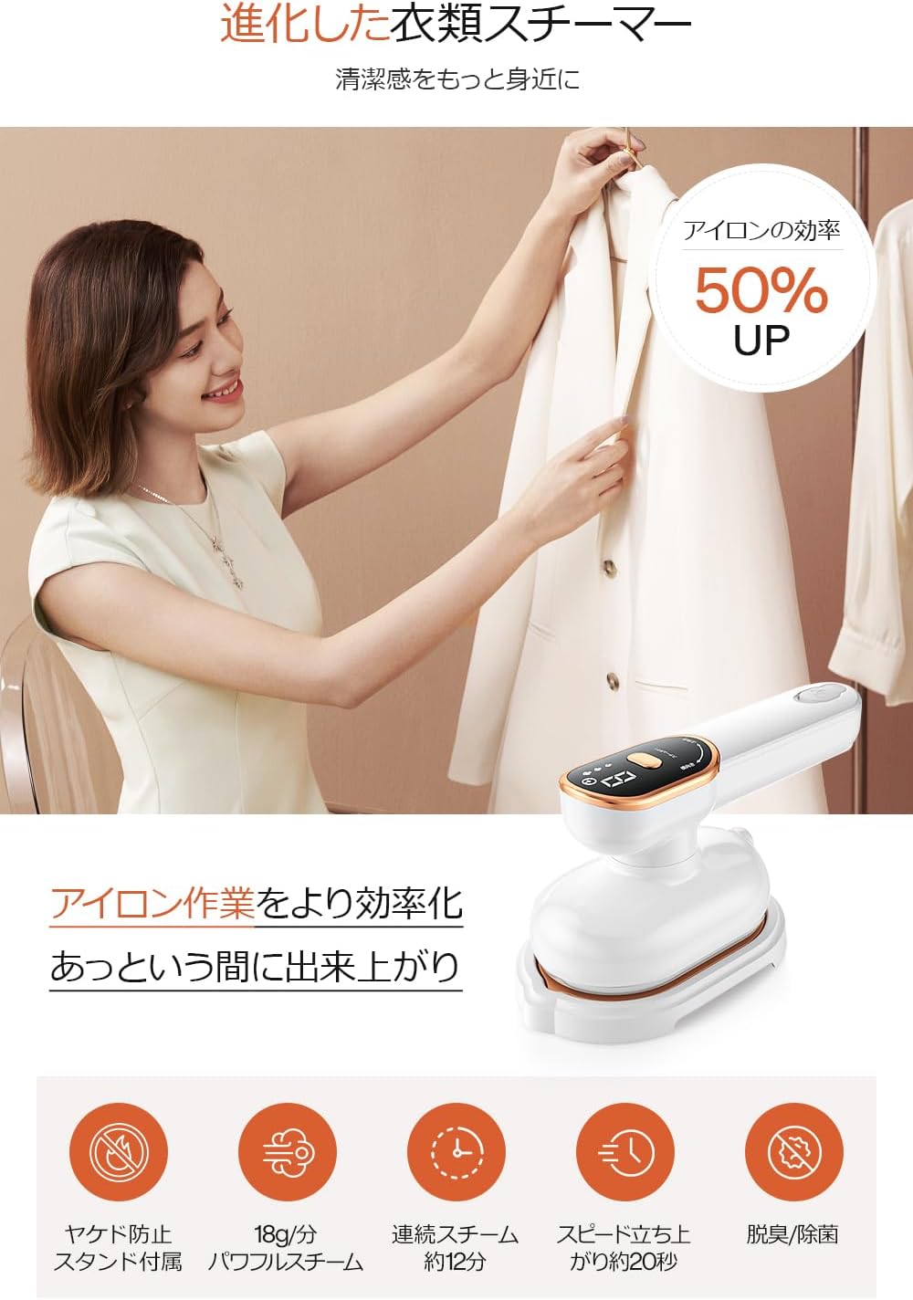 ハンディースチーマー 1000W 折り畳み式 旅行用 衣類スチーマー ハンガー掛け シワ伸ばし 大容量105ML ホワイト