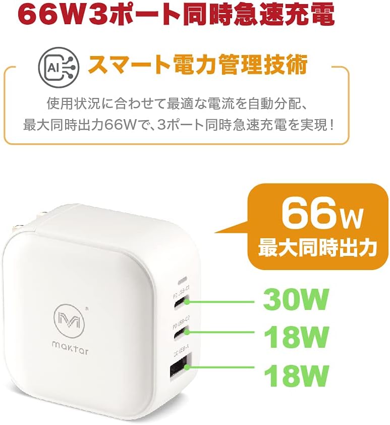 急速充電器 Maktar 66W GaN PD ブラック【3ポート・USB-C×2・USB-A×1・折畳式・PD3.0・QC3.0・PSE認証・窒化ガリウム】iPhone/iPad Pro/MacBook対応