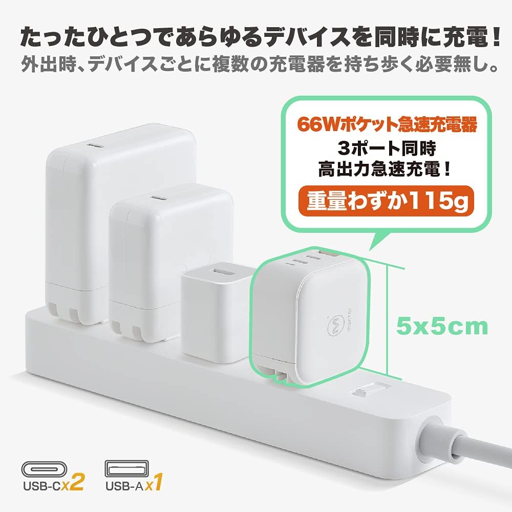 急速充電器 Maktar 66W GaN PD ブラック【3ポート・USB-C×2・USB-A×1・折畳式・PD3.0・QC3.0・PSE認証・窒化ガリウム】iPhone/iPad Pro/MacBook対応