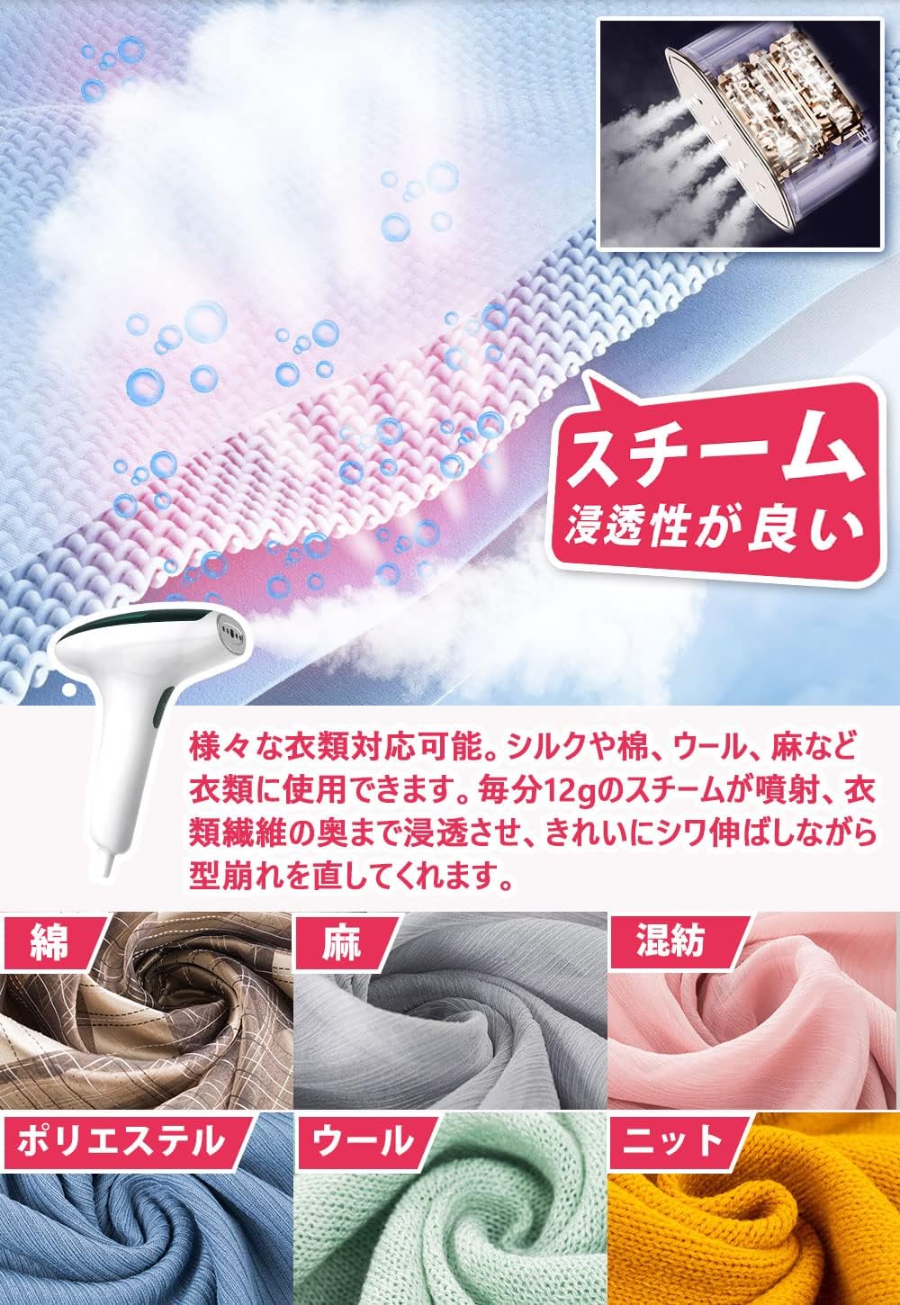 軽量コンパクト衣類スチーマー【家庭用・旅行用】シワ伸ばし・消臭・除菌機能