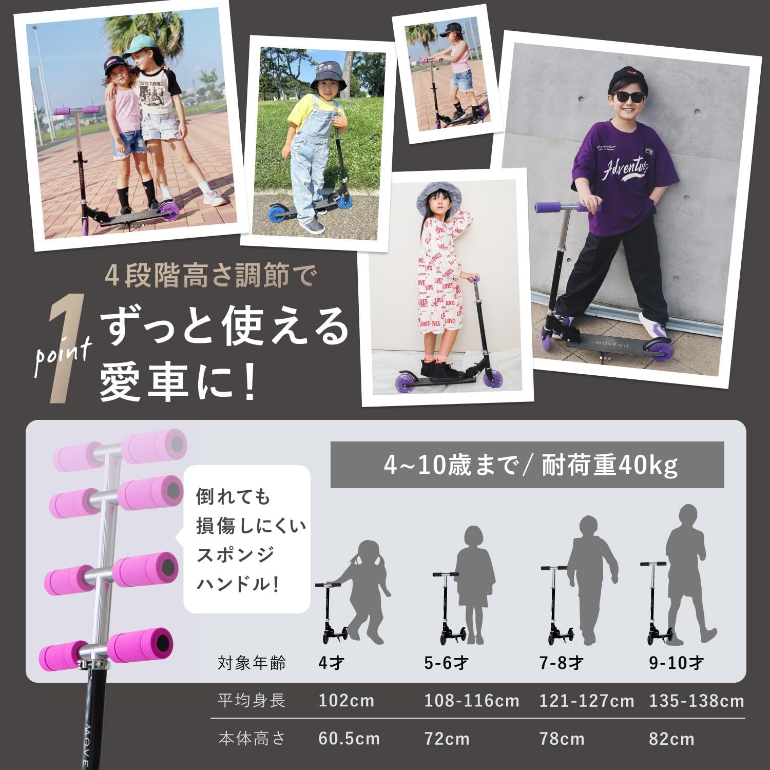 2024年モデル 折り畳みキックスクーター 子供用 LEDタイヤ 光る 4段階高さ調整 軽量・頑丈