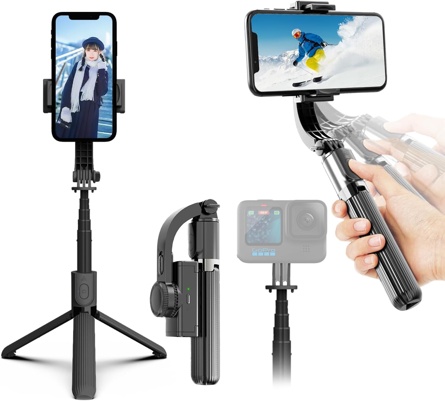 自撮り棒【手ブレ防止ジンバル三脚】Bluetoothリモコン付き・多機能・超軽量（ダークブラック）
