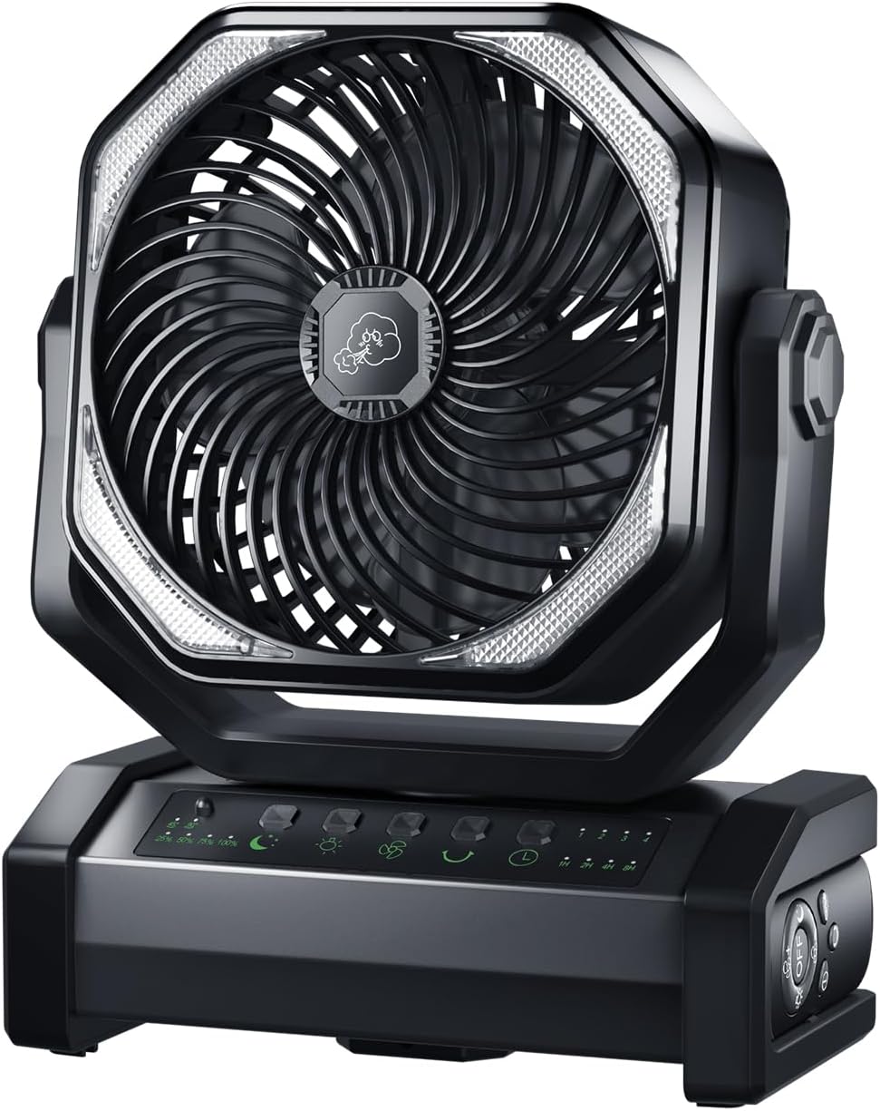 キャンプ用小型扇風機 20000mAh大容量 最大60時間使用 吊り下げタイマー機能リモコン付き 風量4段階調節 LEDライト搭載