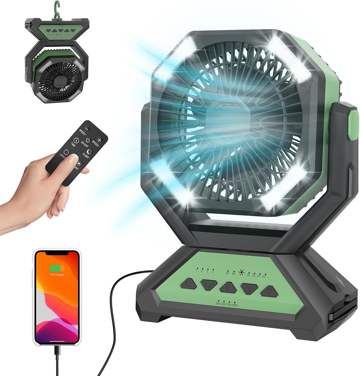 アウトドア用20000mAh充電式キャンプ扇風機 - リモコン・静音・タイマー付き2Way設置