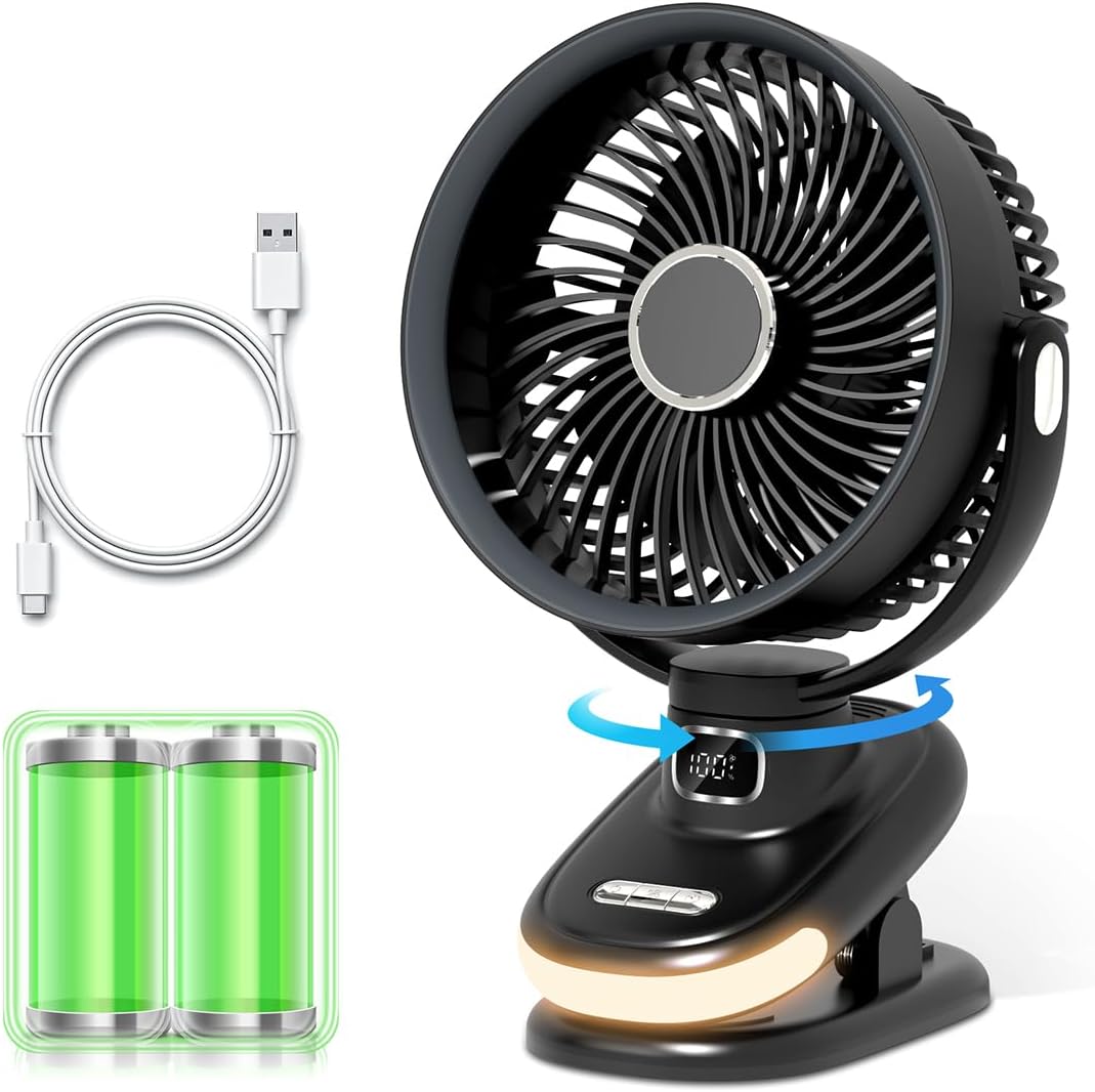 USB充電式 3D首振り 卓上扇風機 - 大風量・LEDライト・タイマー機能付き | コンパクト・強力・6000mAhバッテリー | 熱中症対策・オフィス・キャンプ用 (ブラック)