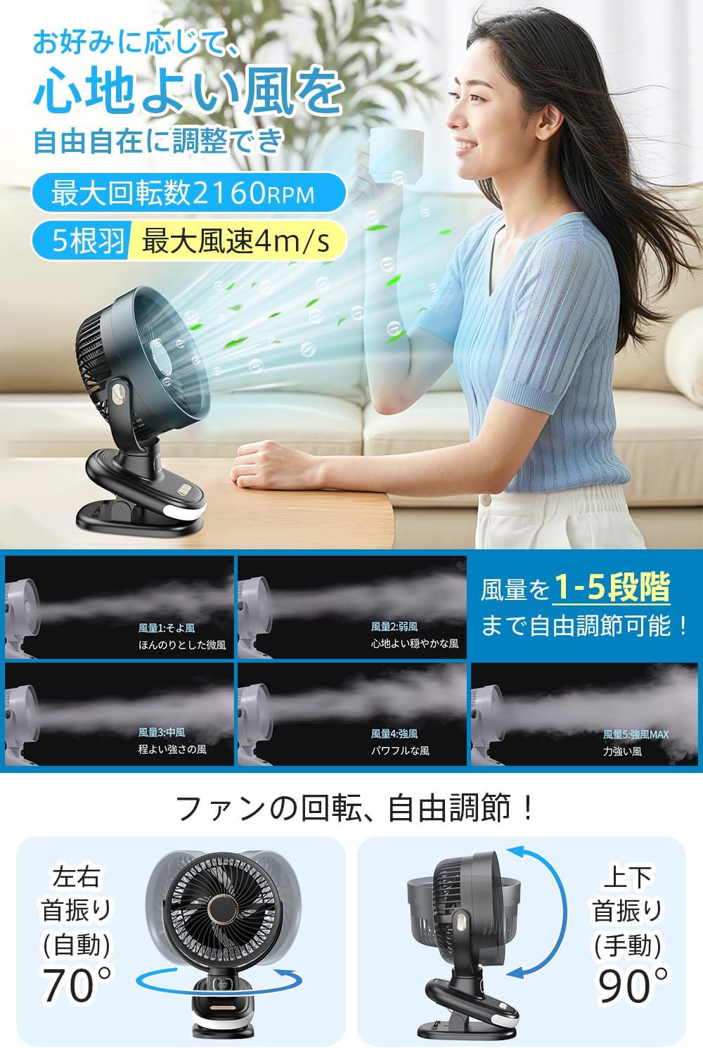 USB充電式 3D首振り 卓上扇風機 - 大風量・LEDライト・タイマー機能付き | コンパクト・強力・6000mAhバッテリー | 熱中症対策・オフィス・キャンプ用 (ブラック)